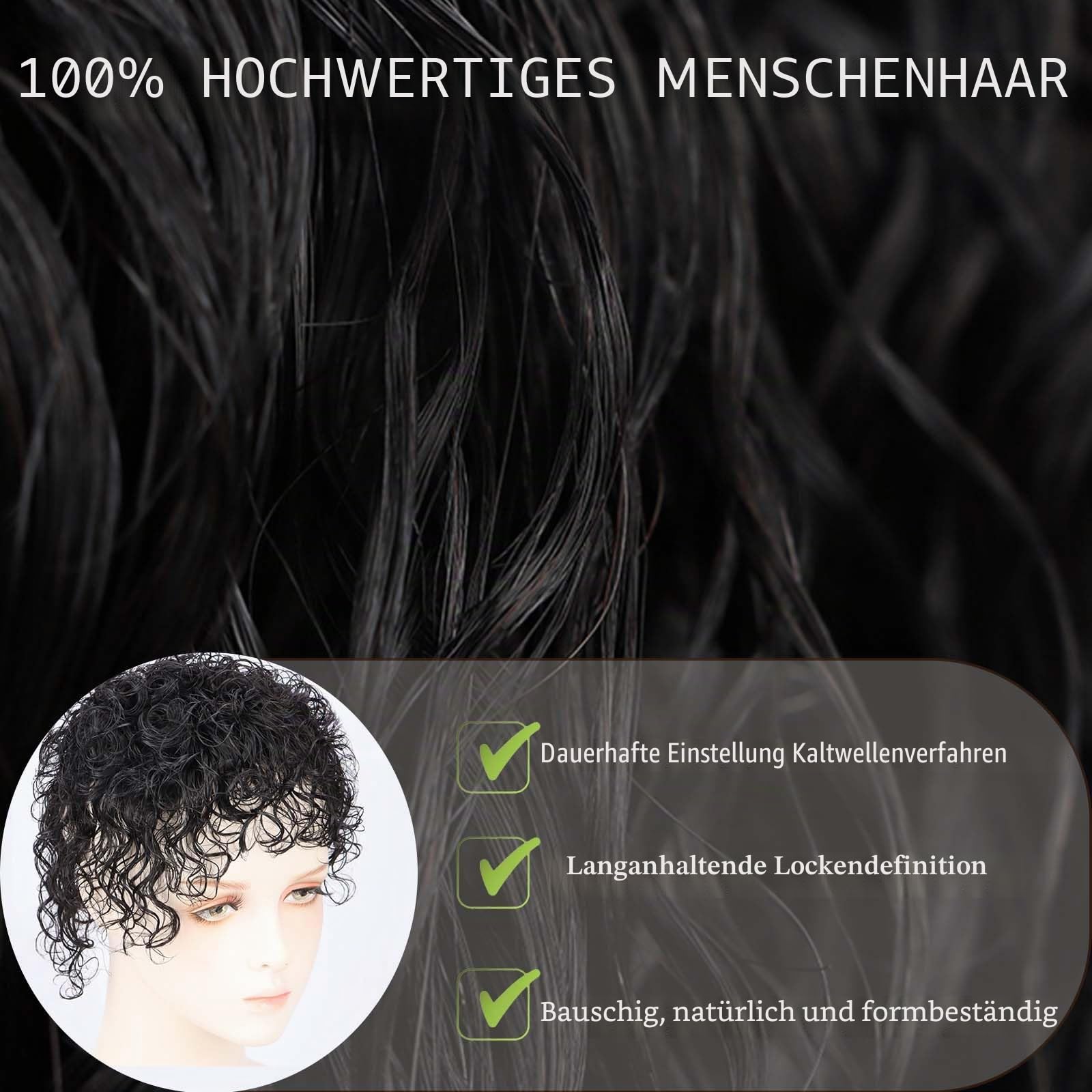 Echthaar-Topper mit Pony für Damen 13 x 14 cm, unsichtbare Rosenspitzenbasis lockiges Clip-in-Oberteil für dünner werdendes Haar kurzwellige Haarverlängerung mehr Volumen Dunkelbraun