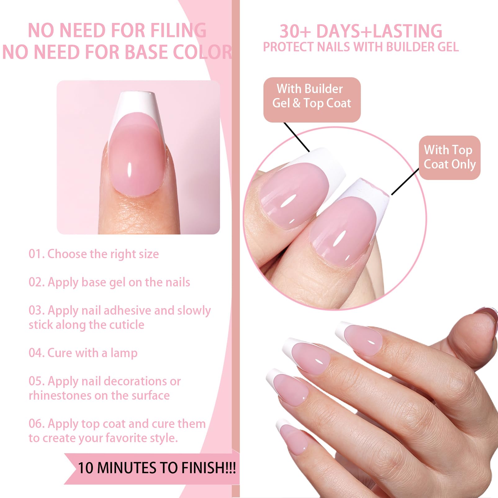 120Pcs French False Nails, Pink Square Full Cover Press On White Tips, 1 g (Pack of 1) - Image 4