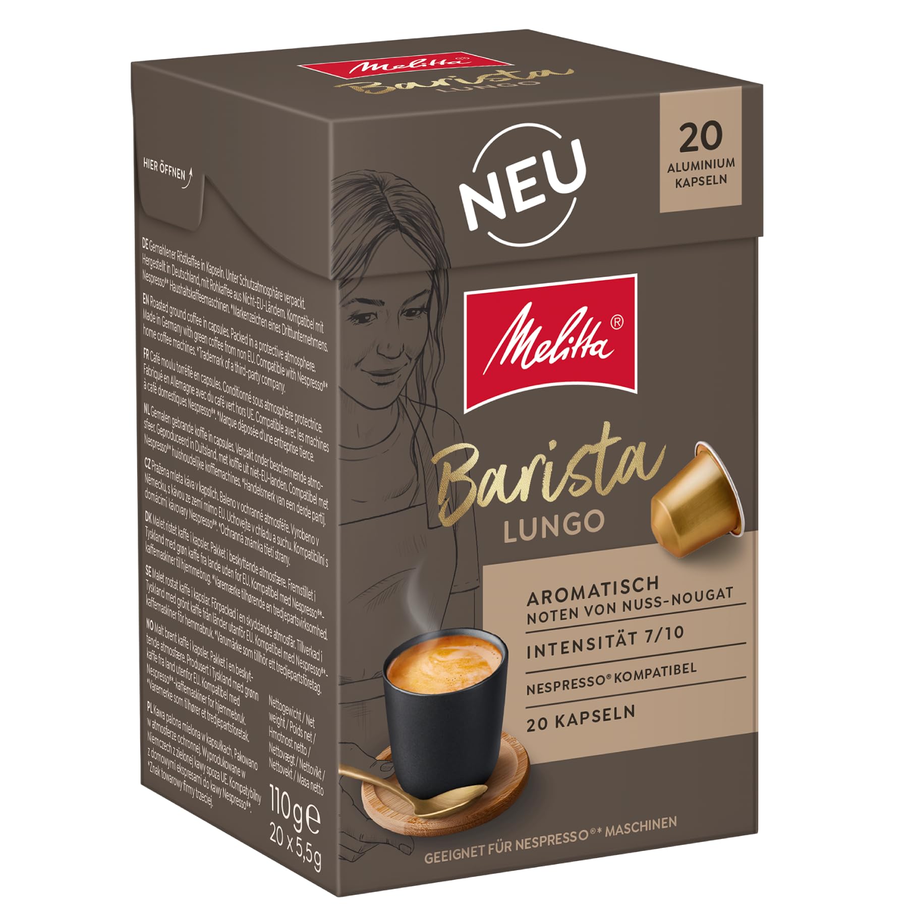 Melitta Barista Lungo, Kaffeekapseln, Nespresso Kompatibel, 200 Kapseln | Intensität 7/10, Aromatich mit Noten von Nuss-Nougat