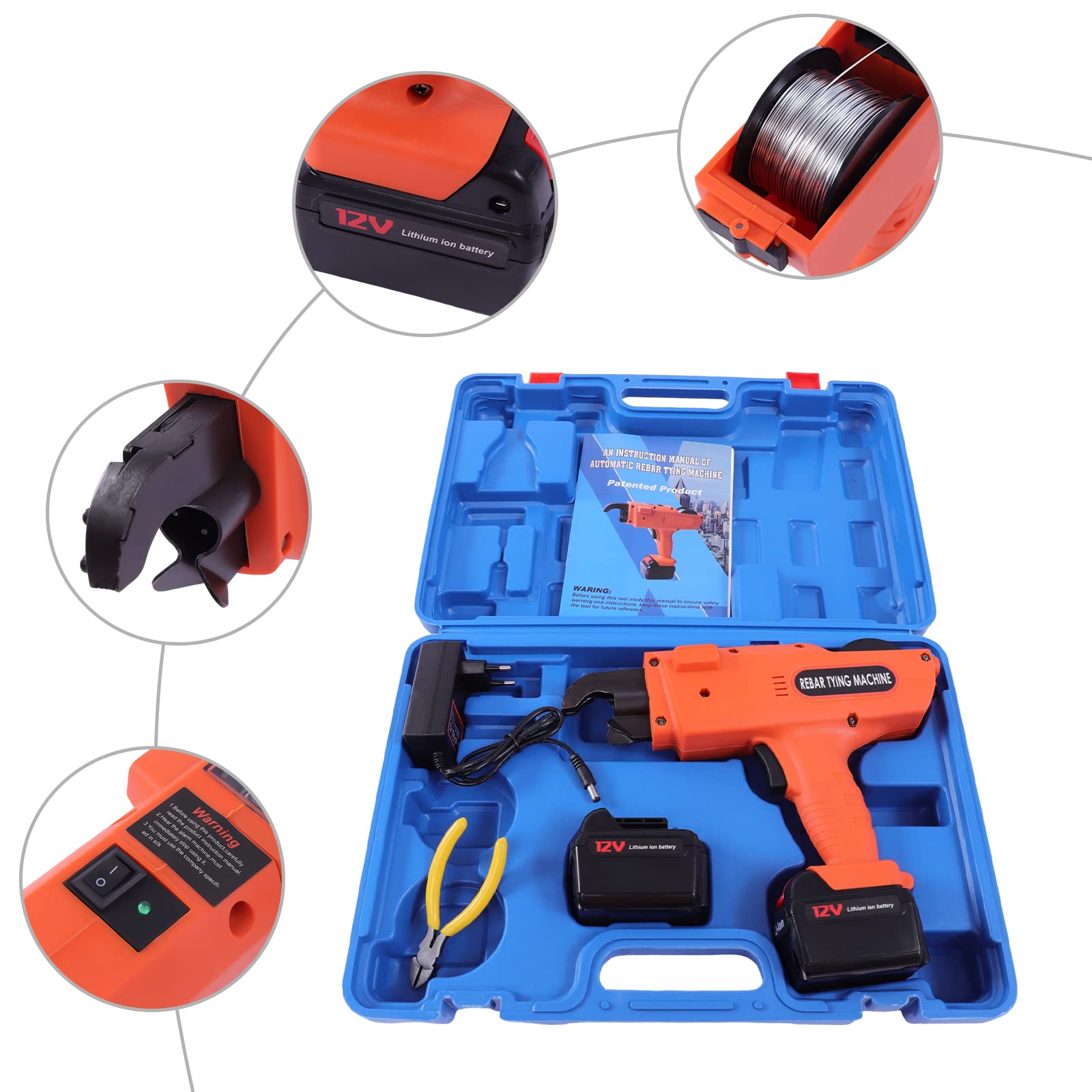 12V Automatische Rebar Bindedraht Bindemaschine Drahtbindemaschine 6mm-25mm Bewehrungsverbinder Mit 2 Akku und 1 Charger