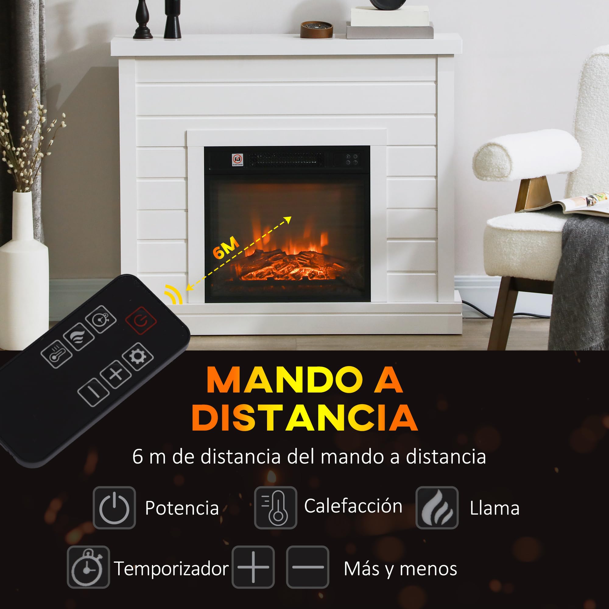 HOMCOM Chimenea Eléctrica, Chimenea Decorativa con Efecto de Llama, Calefacción 1800 W, Control Remoto, Temporizador Semanal, Protección contra Sobrecalentamiento, Blanco