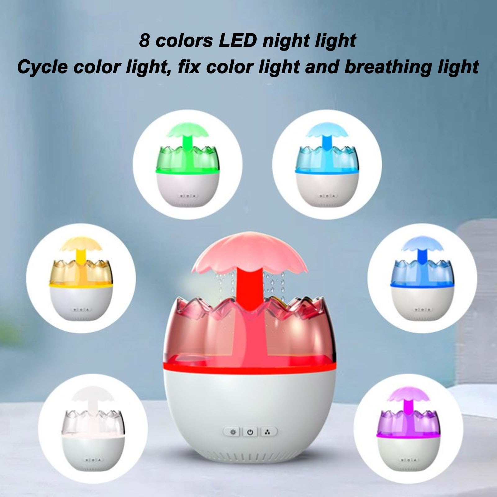 Umidificatore a Goccia D'acqua con Pioggia Regolabile e Rumore Bianco per Camera da Letto Luce Notturna di Ricarica di Tipo C da 450 Ml