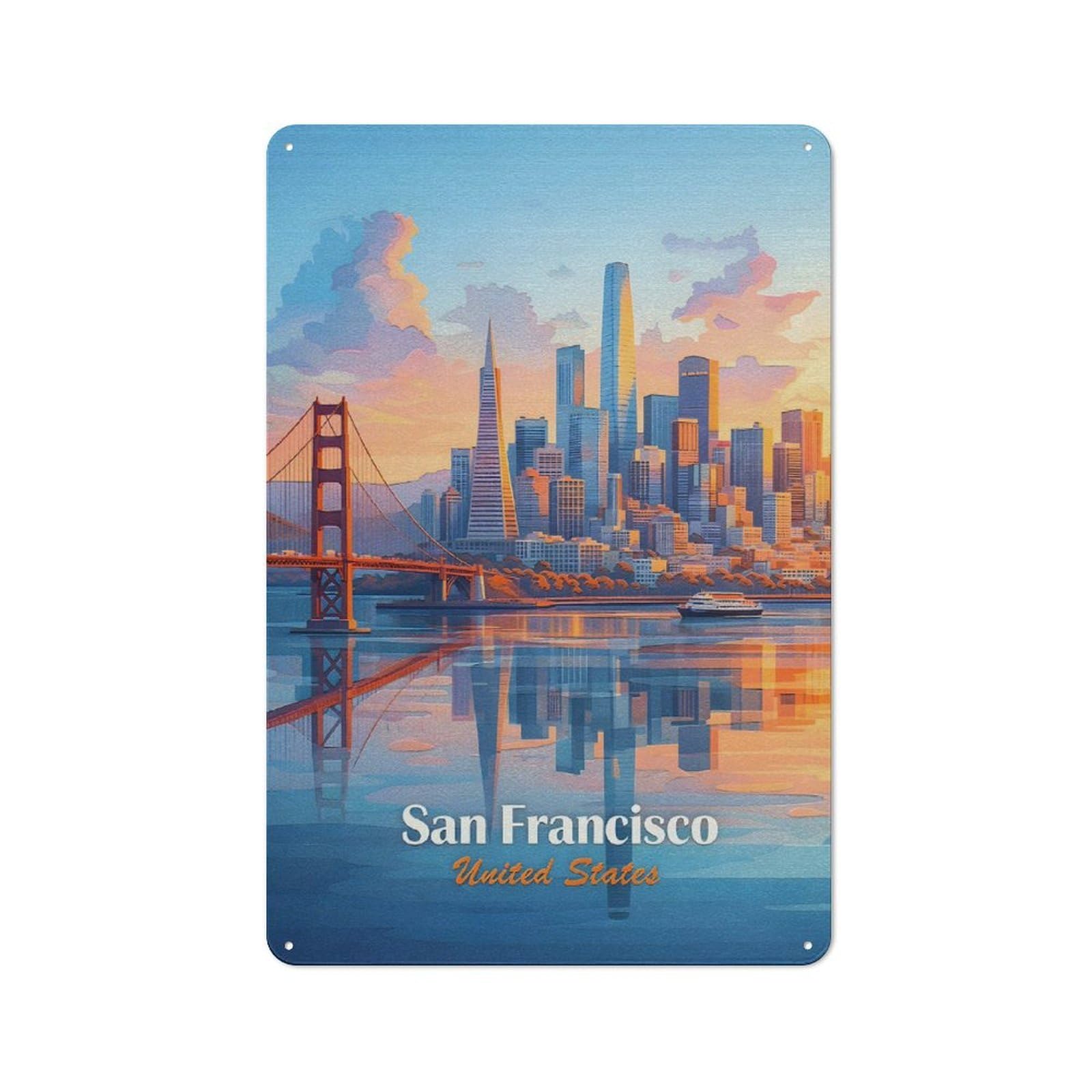 Junmoney Style-15 San Francisco Skyline At Sunset Tin Wall Plaque 30X20cm, Barn Style Rustic Kitchen Decor For Farmhouse Kitchen, Pantry Or Dining Area