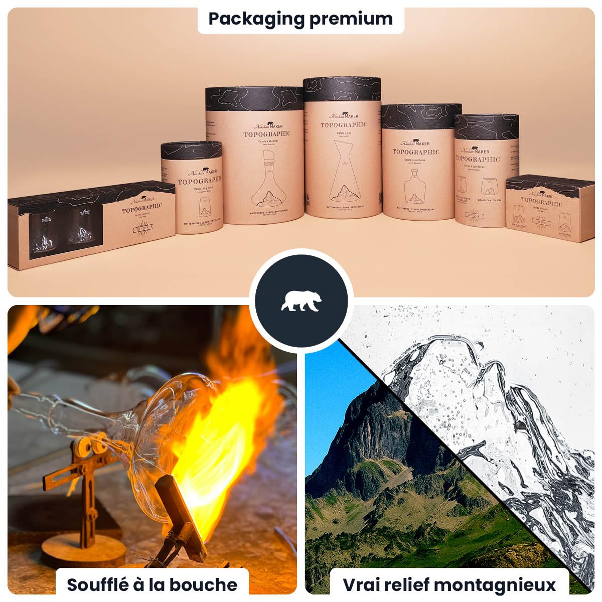 Carafe à décanter le vin 1.8 L | Borosilicate de qualité supérieure soufflés artisanalement avec les montagnes en relief | Bouchon 3 en 1 (filtre, aérateur et bec verseur) (Mont Blanc)