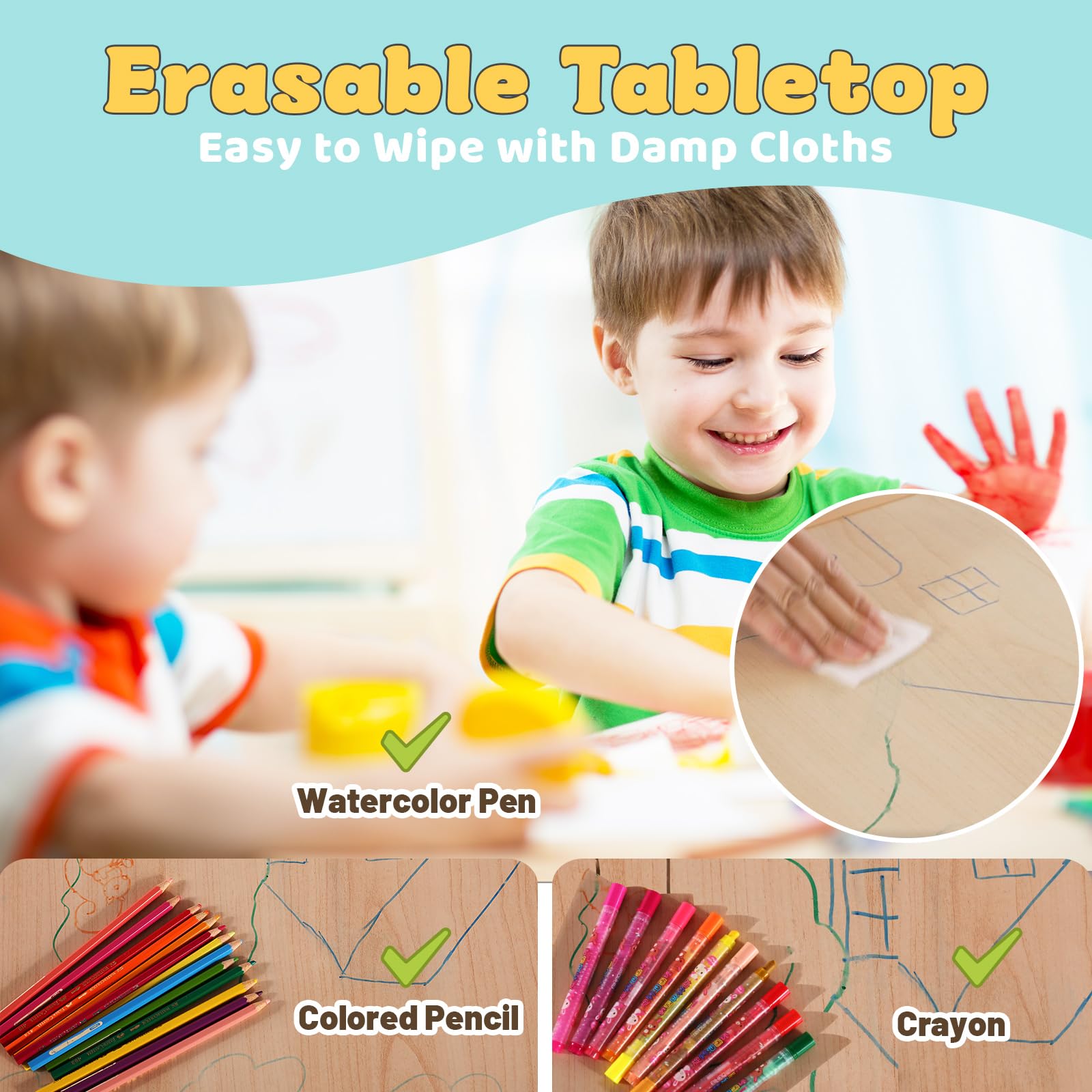 FUNLIO Tavolino con 2 Sedie per Bambini, Tavolino e Sedie per Bambini Regolabili in Altezza per Età 3-8 Anni, Tavolo Bambini per Arti Facile da Pulire, Approvato CPC e CE (3 pezzi) - verde