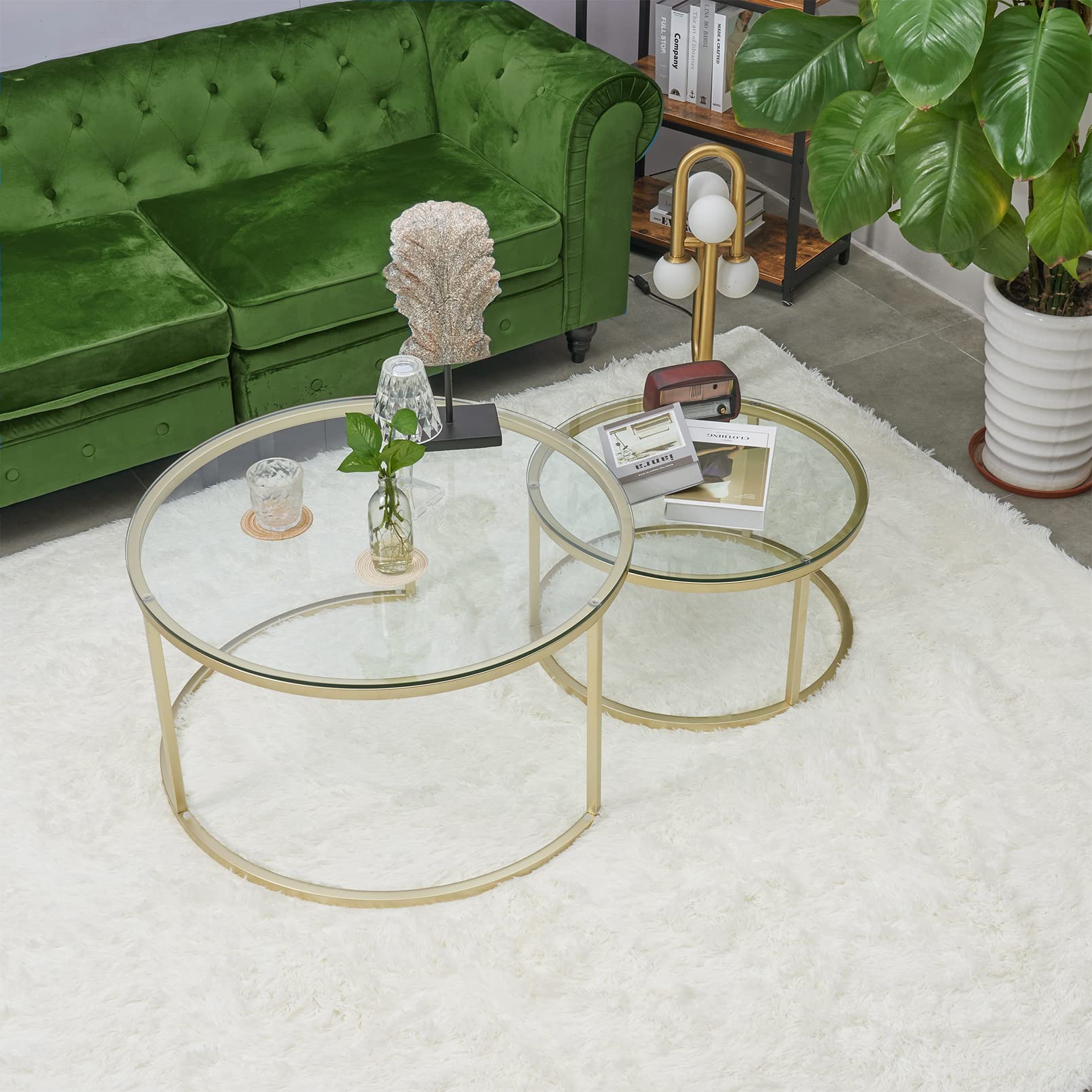 HOMCOM 2-delig Salontafelset, Bijzettafel met Glazen Blad, Woonkamer Tafel met Reifen- en Kogelontwerp 41 x 57 cm, Goud | Netherlands HOMCOM 2-delig Salontafelset, Bijzettafel met Glazen Blad, Woonkamer Tafel met Reifen- en Kogelontwerp 41 x 57 cm, Goud | Netherlands