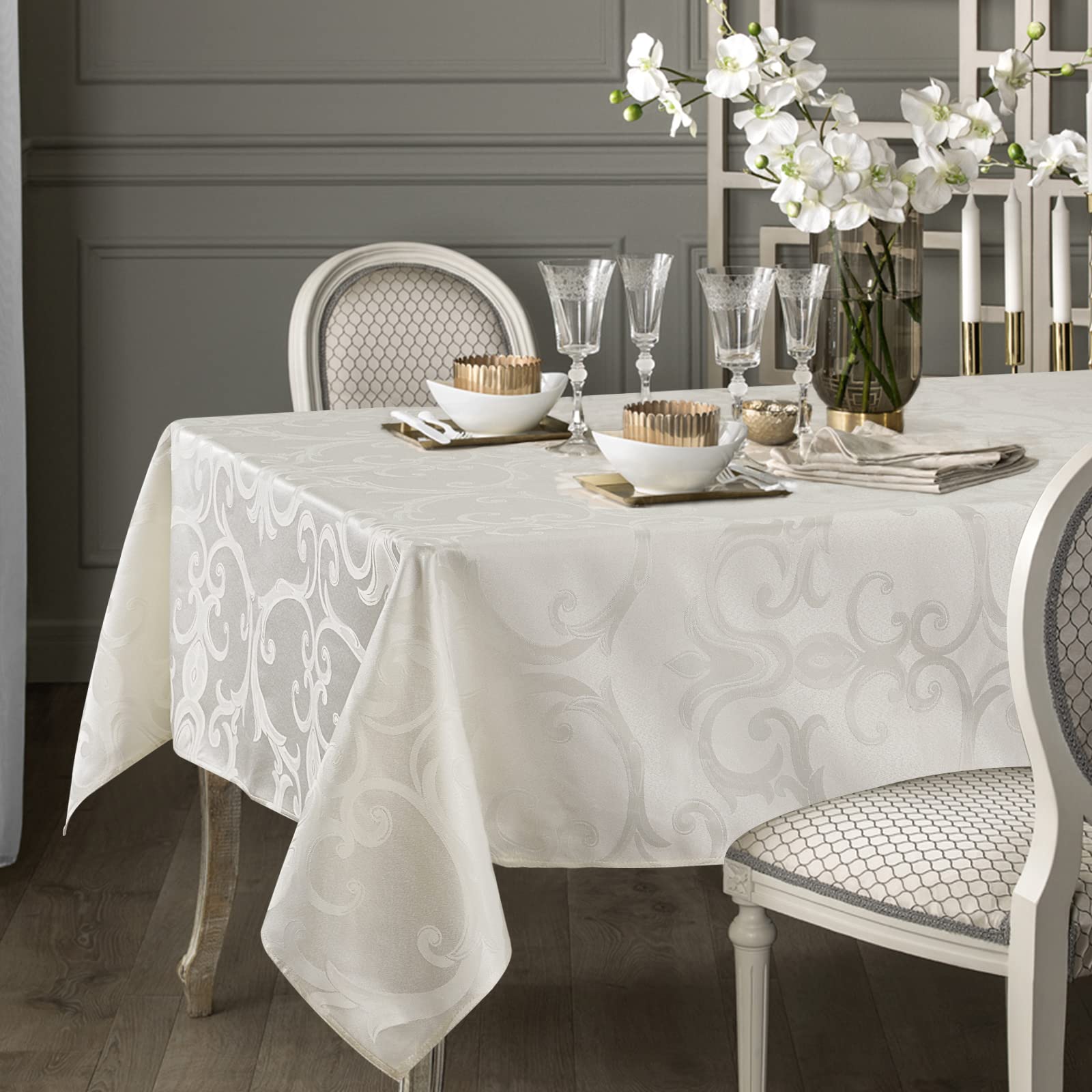 Pocass Damask Fabric Tablecloth Scroll Damask Jacquard Tablecloths Polyester Fabric Washable