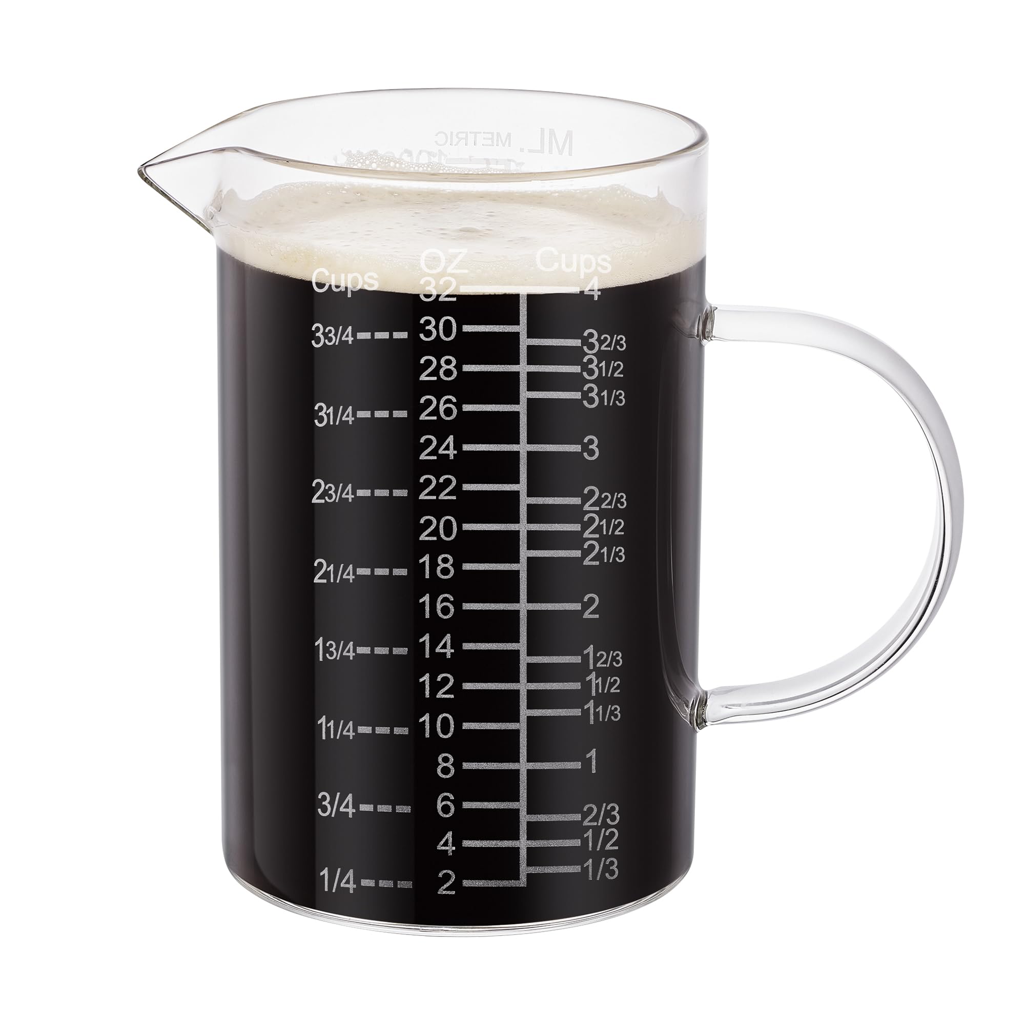 Taza medidora de vidrio graduado grabado, mango aislado, boquilla en forma de V, taza medidora de vidrio de borosilicato alto para cocina o comedor, fácil de leer, 32 onzas, 4 tazas