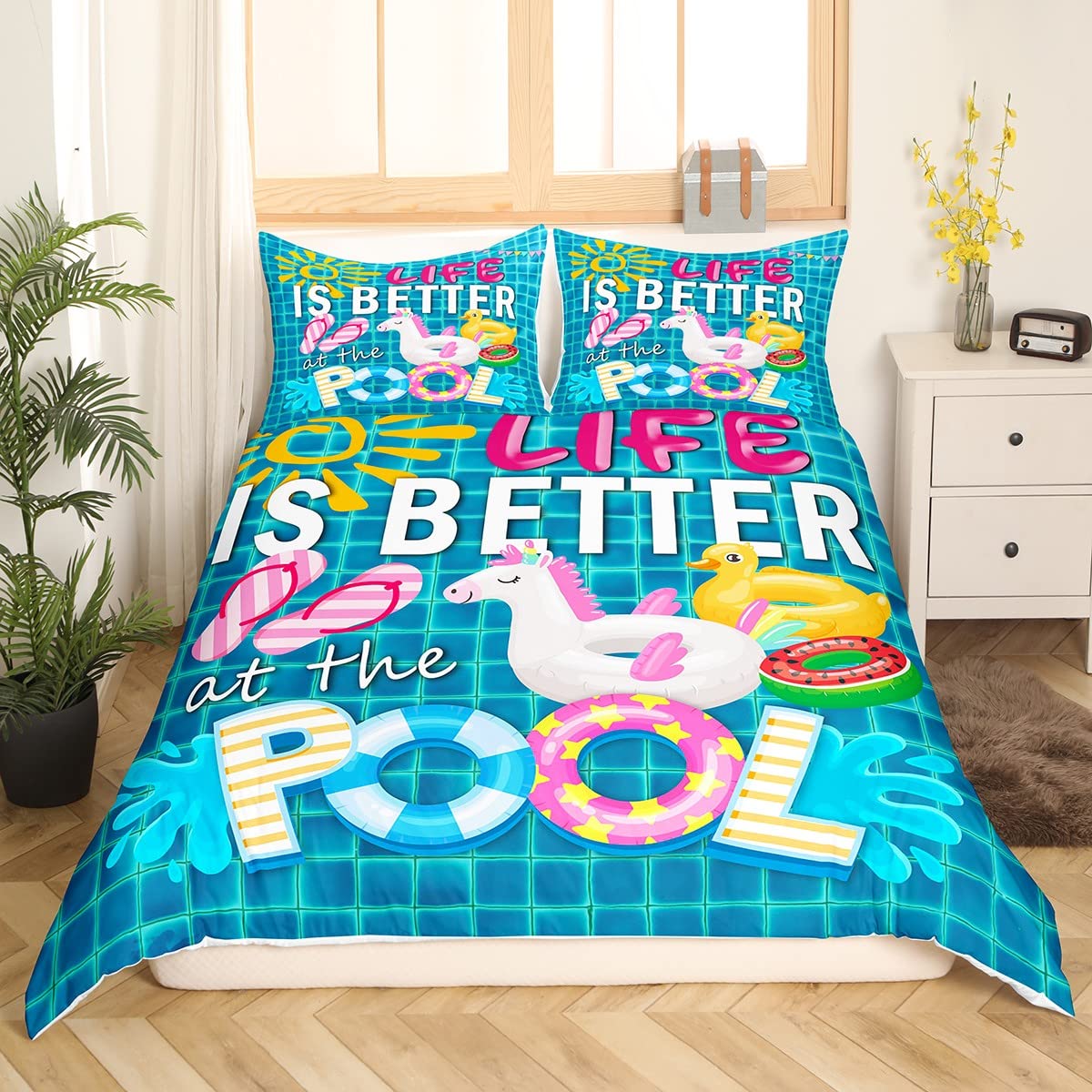 feelingyou Summer Cool Bedding Set,Swimming Pool Comforter Cover Set for Teens Women Room Decor,Beach Vacation Duvet Cover Breathable Flip-flops Bedspread Cover Double Size - Image 3
