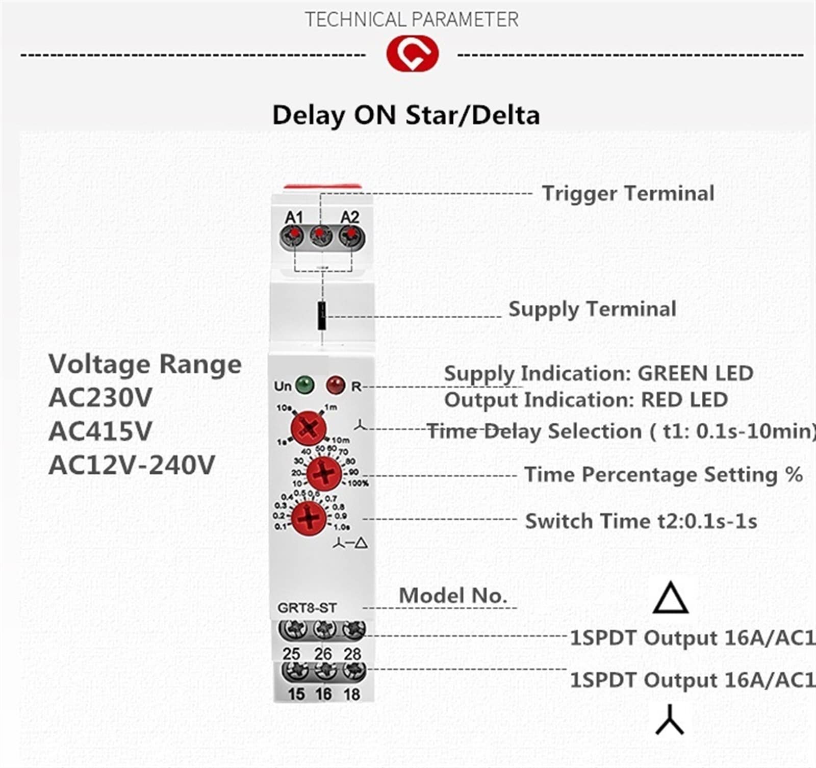 GRT8-ST Delay On Motor Star Delta Timer Soft Starter AC230V 380V ~ 440V AC/DC12V-240V Relè 1Pcs(ACDC12V-240V)