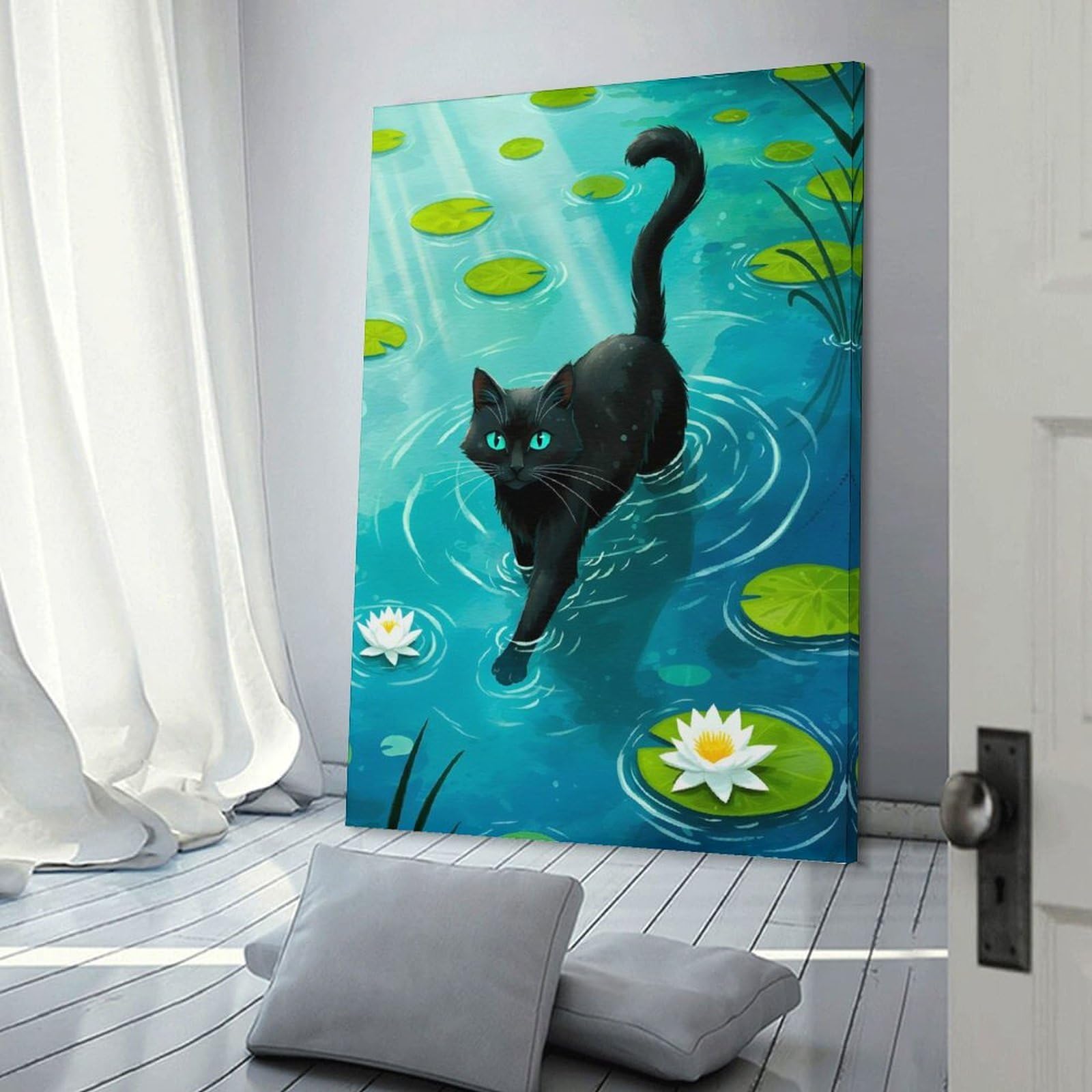 Junmoney Black Cat in Lily Pond Home Decor Wall Art 12x18inch(30x45cm), for Living Room, Lounge Or Sitting Room, A Home Accent with Warm Character
