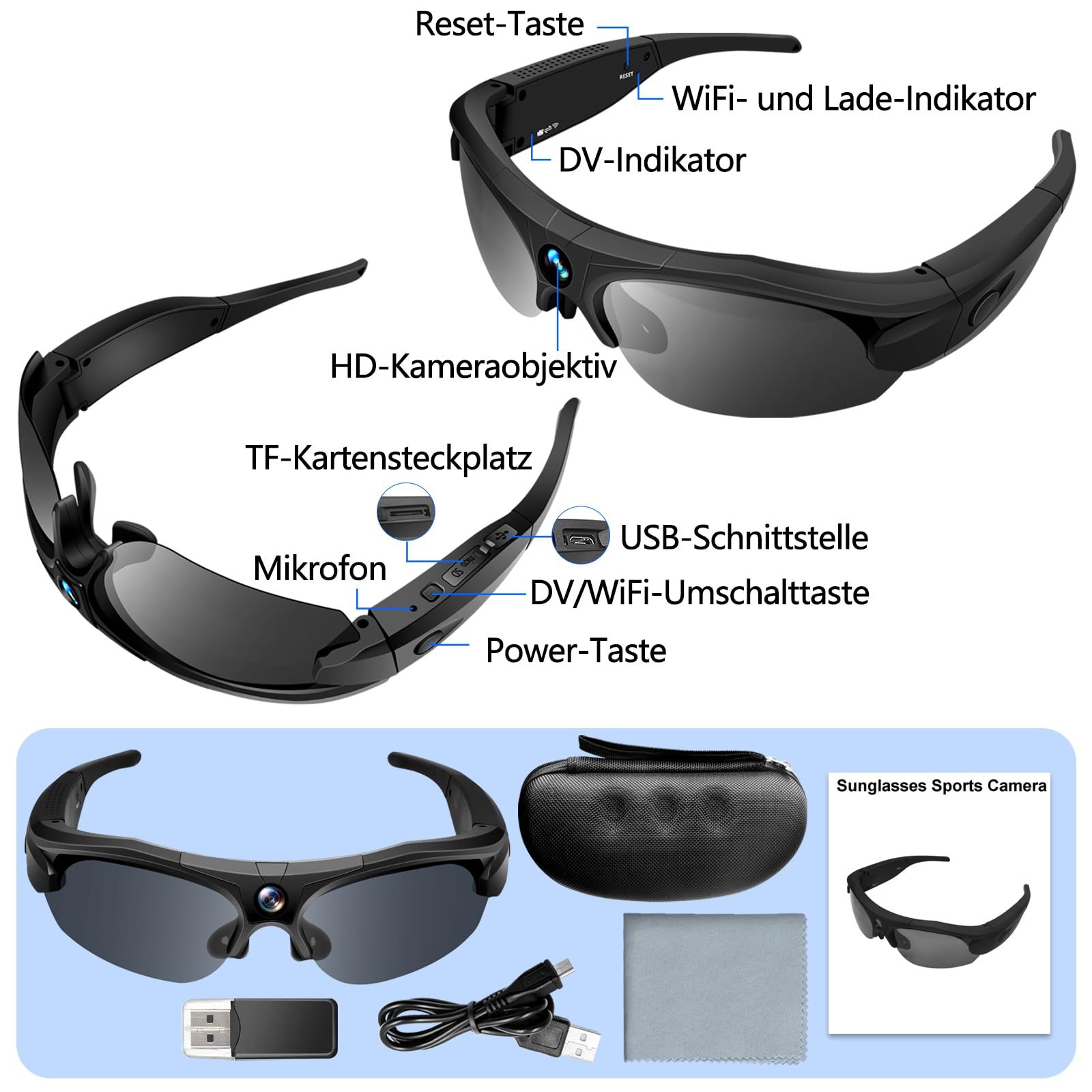 Brille mit Kamera & 1080P WiFi, 120° Weitwinkel, polarisiert für Sport | 100 Min Akku, 256GB Speicher, polarisierte Linsen (UV-Schutz), Loop-Aufnahme, inkl. Zubehör-Set