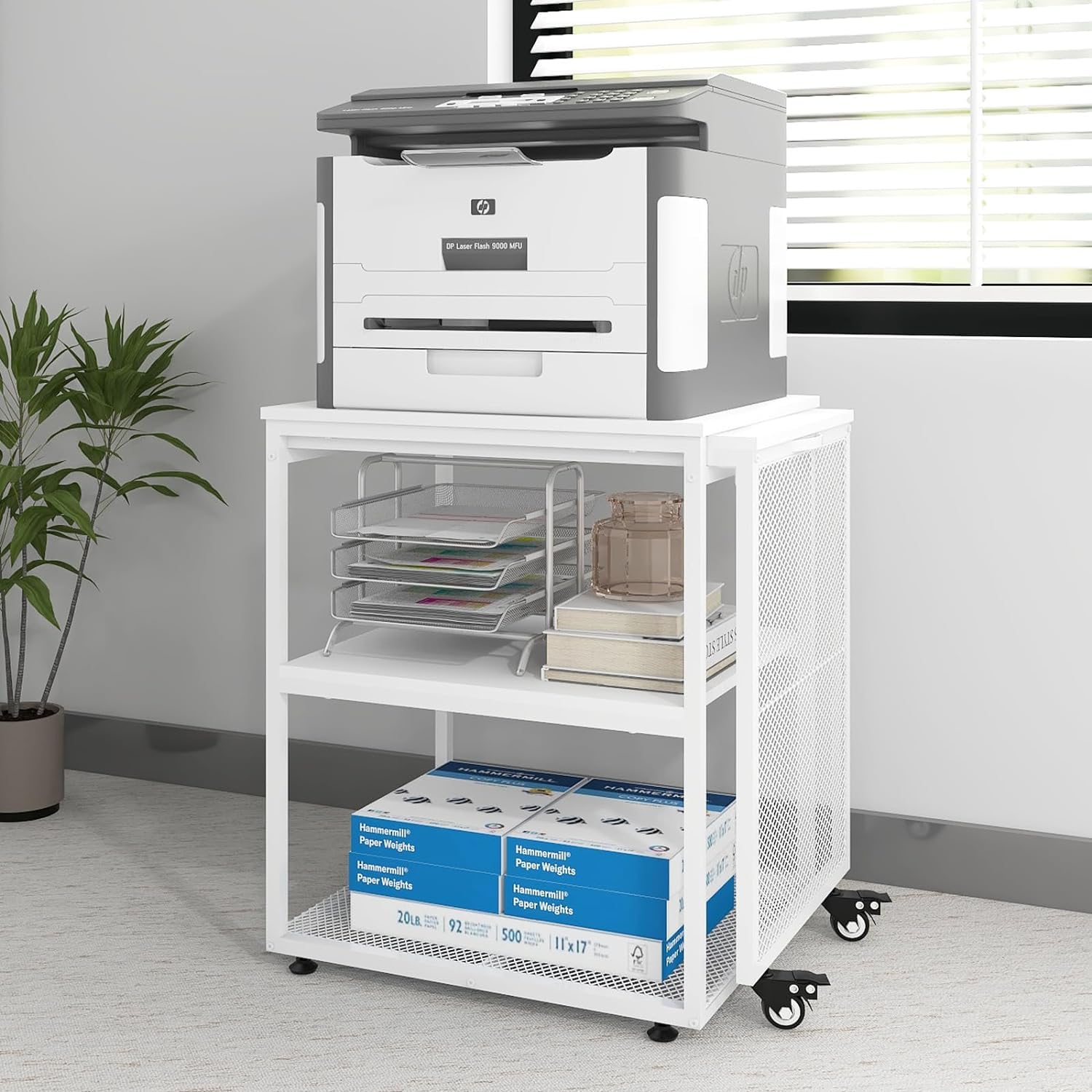 PUNCIA Large Printer Stand with Storage Shelves,Extendable Home Craft Table,Home Office Organization Desk, Versatile Table Space Saving for Office, Kitchen, Study Room, Living Room (White)