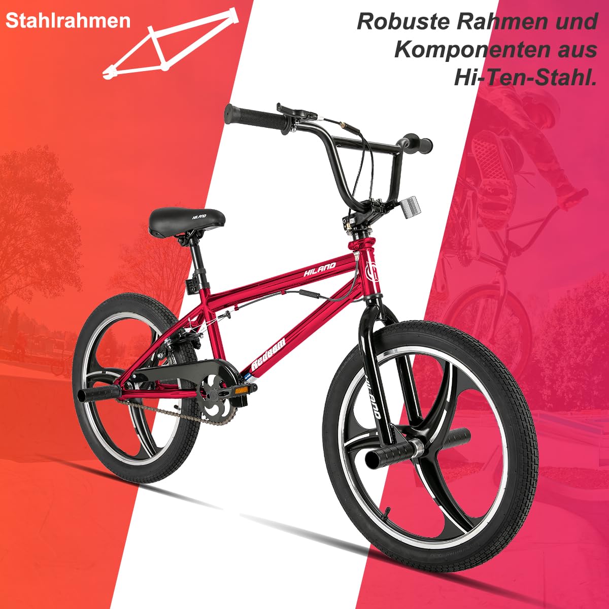 HILAND BMX Bicicletta per bambini da 20 pollici,3 razze, Per bambini e bambine di 7 anni e più，rotore a 361 gradi, freestyle,pedane single speed per bambini,rosso