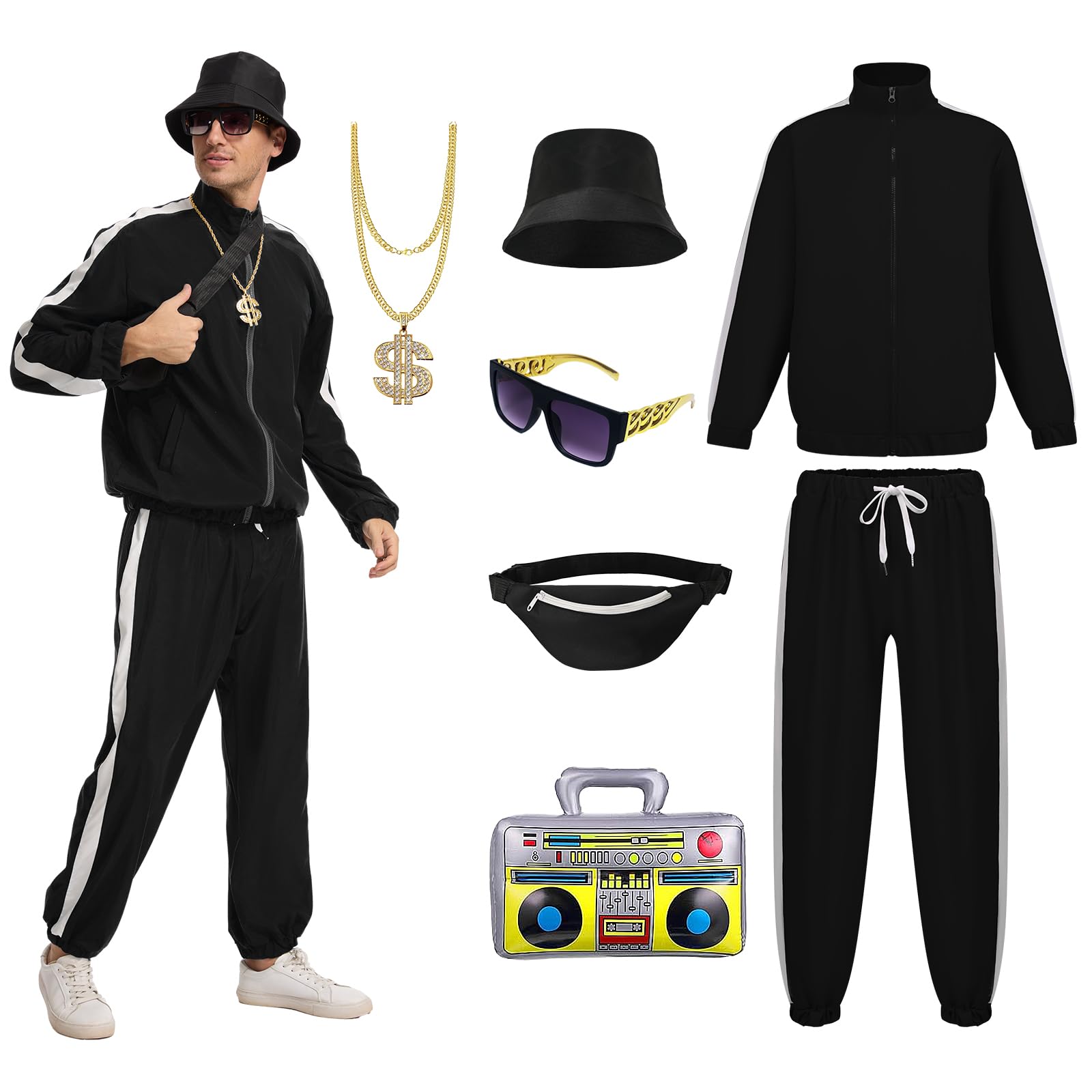 FSUJWOA 80s Outfit for Men 90s Track Suit with Hip Hop Costume Accessories Set for Halloween Themed Party (Black, M)