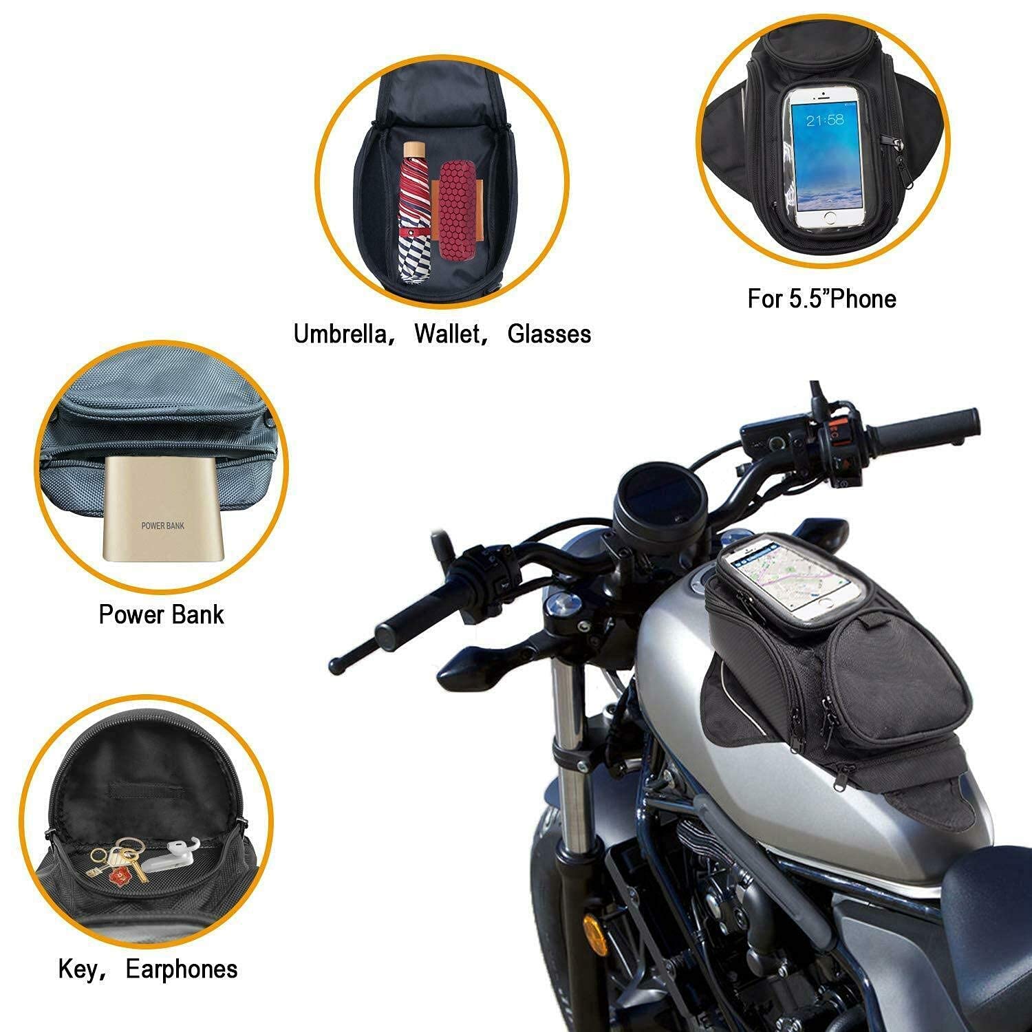 Riloer Wasserdichter Motorrad-Tankrucksack mit USB-Ladegerät, Schwarz