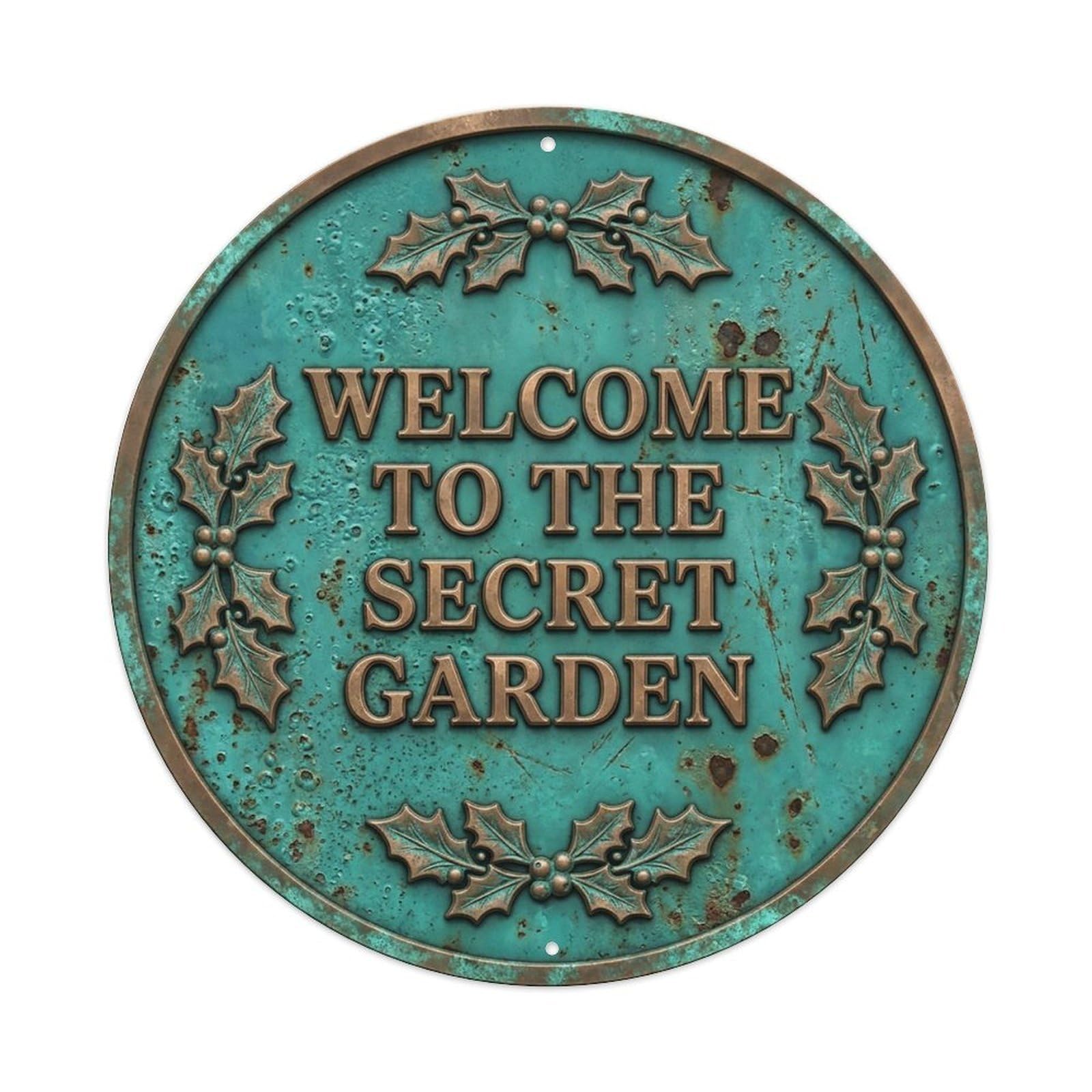 Vintage Welcome Secret Garden Leafy Holly Metal Tin Sign