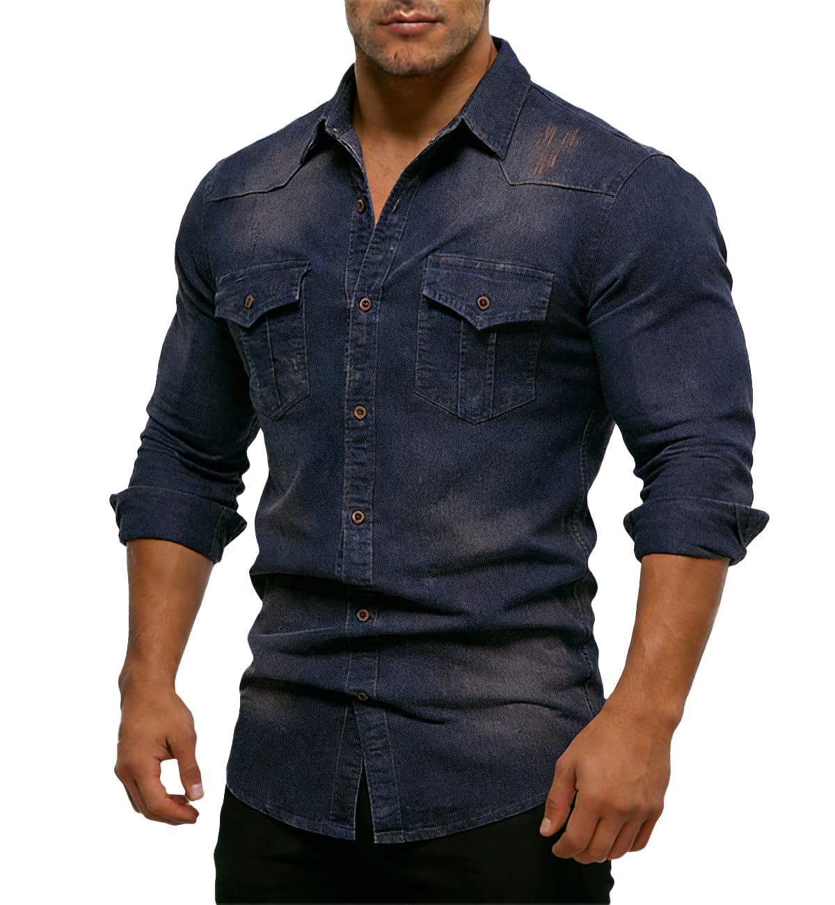 KOOSUFA Herren Jeanshemd Slim Fit Denim Hemd mit Zwei Brustklappentaschen