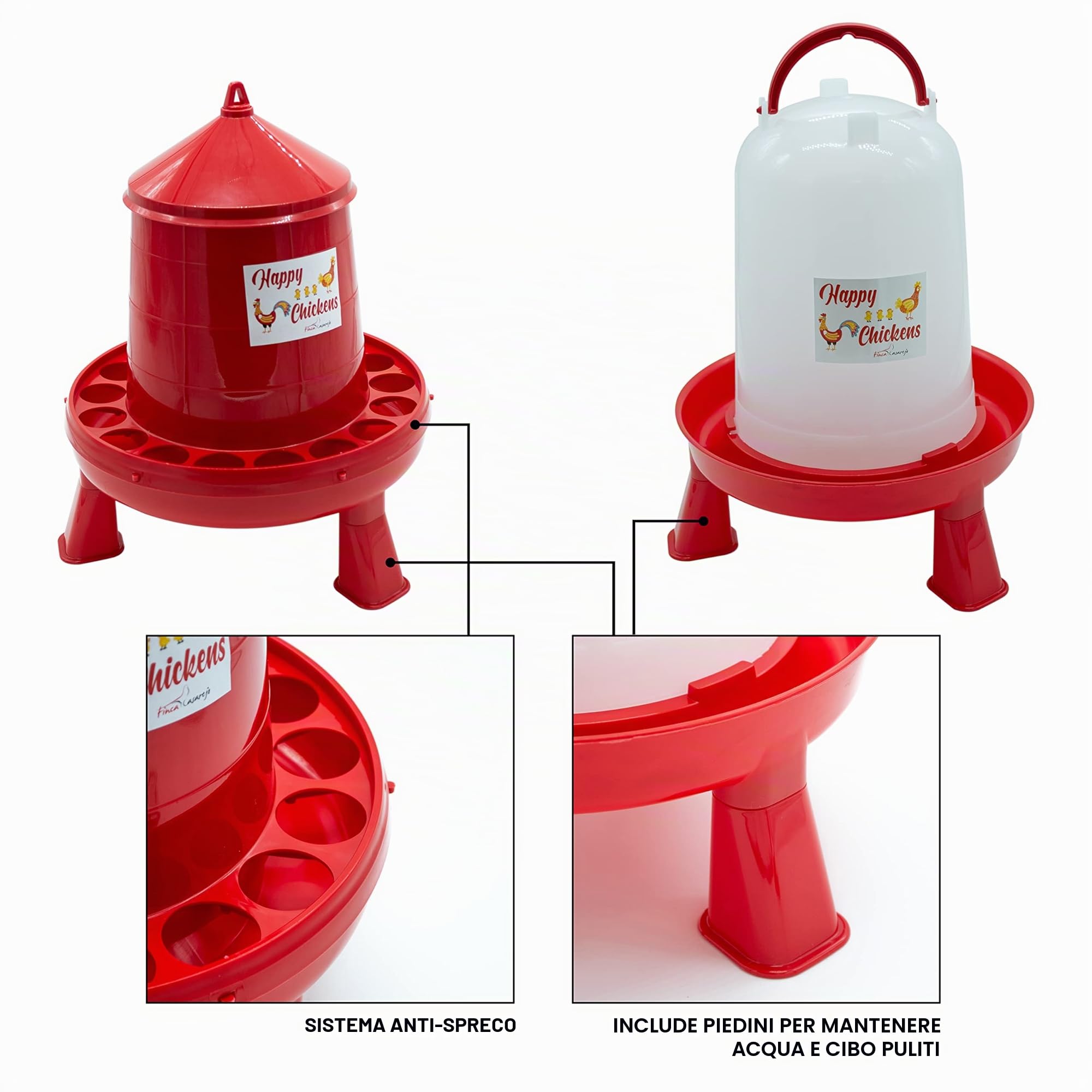 FINCA CASAREJO Mangiatoia + Abbeveratoio per Galline e Altro Pollame - Confezione Mangiatoia e Abbeveratoio con Piedini - Plastica Resistente - Capacità 2Kg / 3L