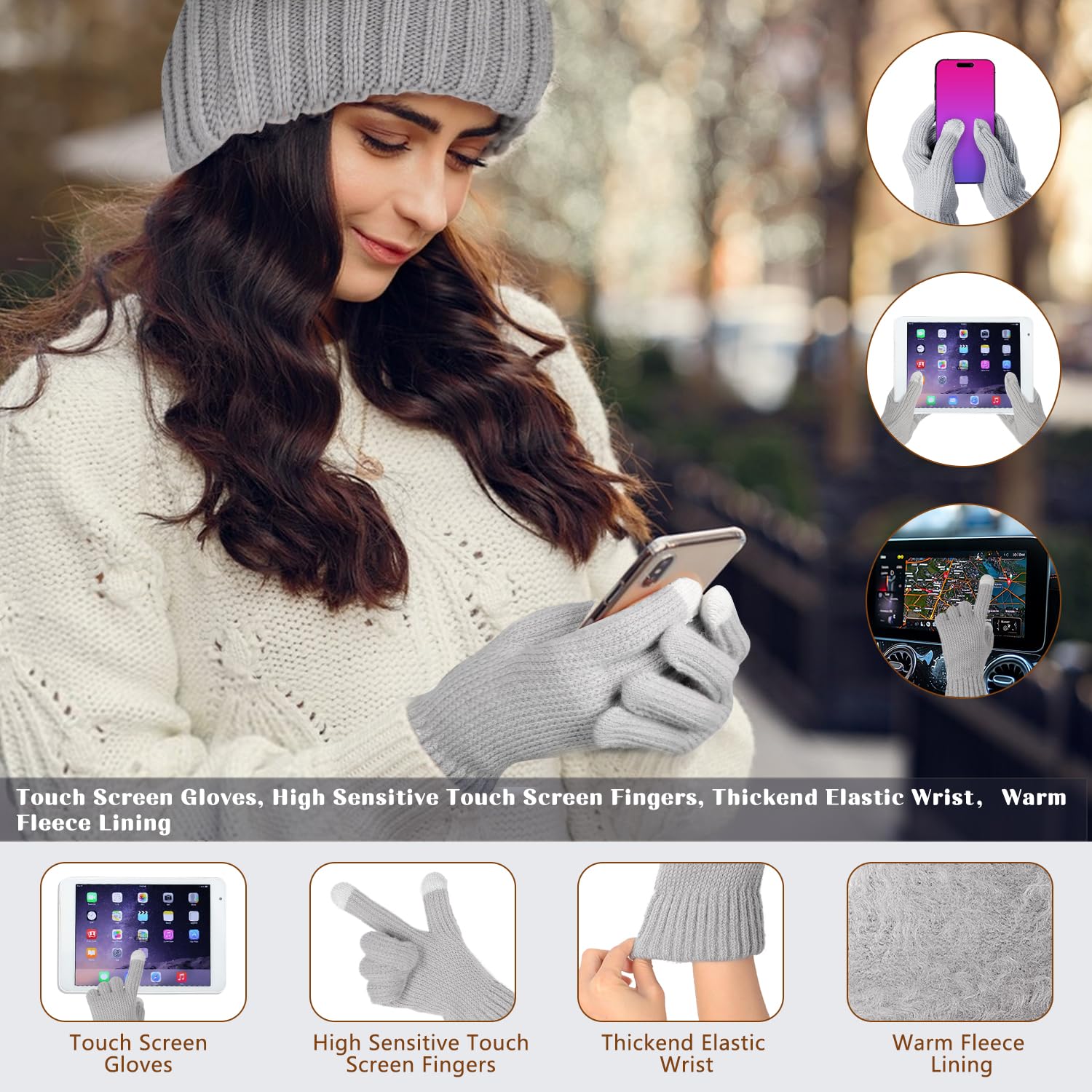 Gorro Bufanda De Punto Guantes Invierno Set, 4pcs Conjunto Esqui Mujer con Guantes Pantalla Táctil y Calcetines Térmicos, Conjunto Gorro Calavera para Mujer Deportes Aire Libre