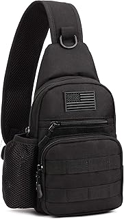 Protector Plus Tactical Sling Bag Military MOLLE Crossbody Pack Chest Shoulder Backpack with Water Bottle Holder Pouch EDC Diaper Motorcycle Bicycle Daypack (Patch Included),Black