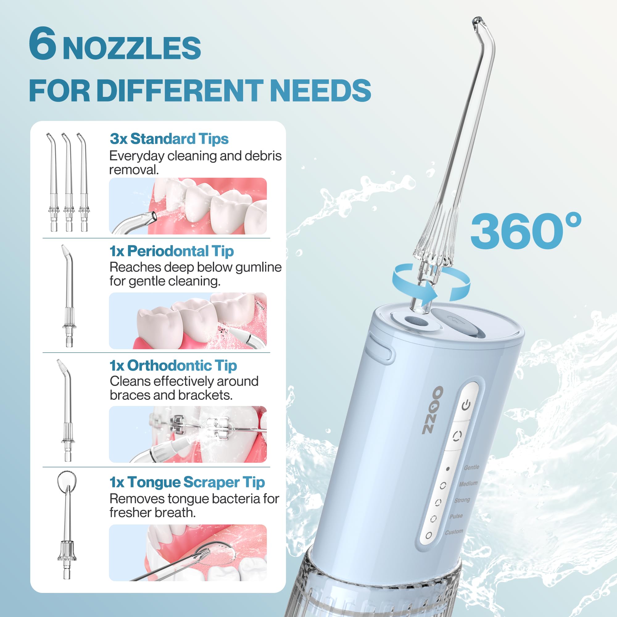 OOZZ Irrigador Bucal de Viaje Inalámbrico 5 Modos 6 Puntas Recargable USB Azul Degradado
