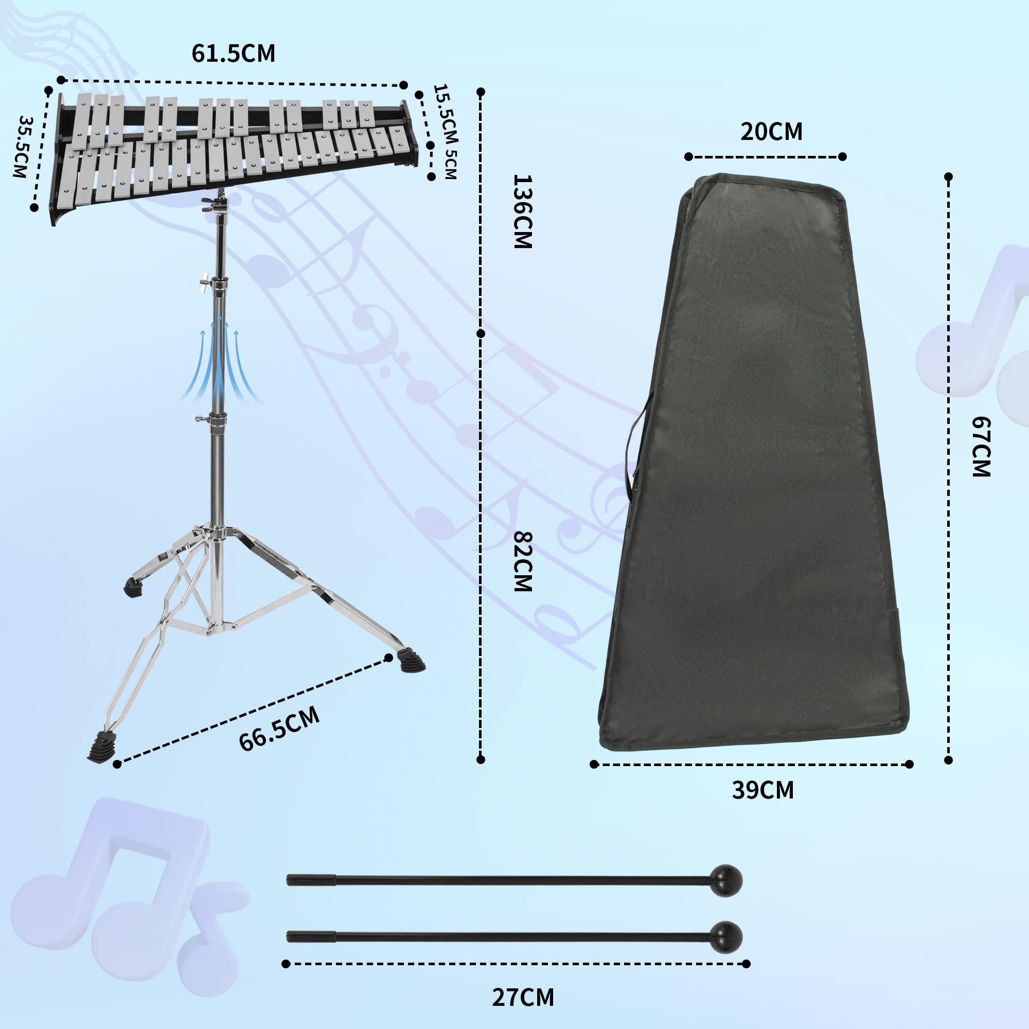 OUUTMEE xilofono 32 note Kit xilofono glockenspiel percussion con supporto regolabile in altezza, bacchette per batteria