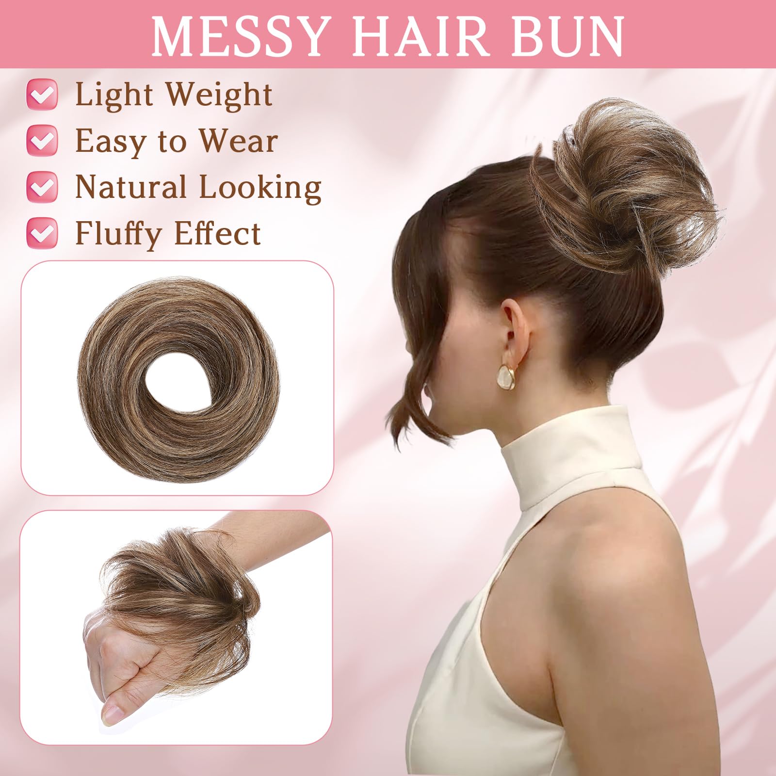 Benehair Human Hair Messy Bun Straight Hair Scrunchies for Women Elastic Hair Bun Hairpiece Donut Accessories #4/27 Medium Brown Mix Dark Blonde 17g - Image 2