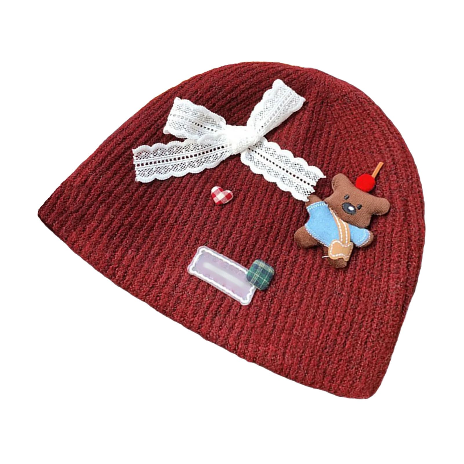 MICFENY Women's Bowknot Knitted Hat Vintage Styles Hats Bear Ears Shape Hat Stylish Headwear for Winter Fashion