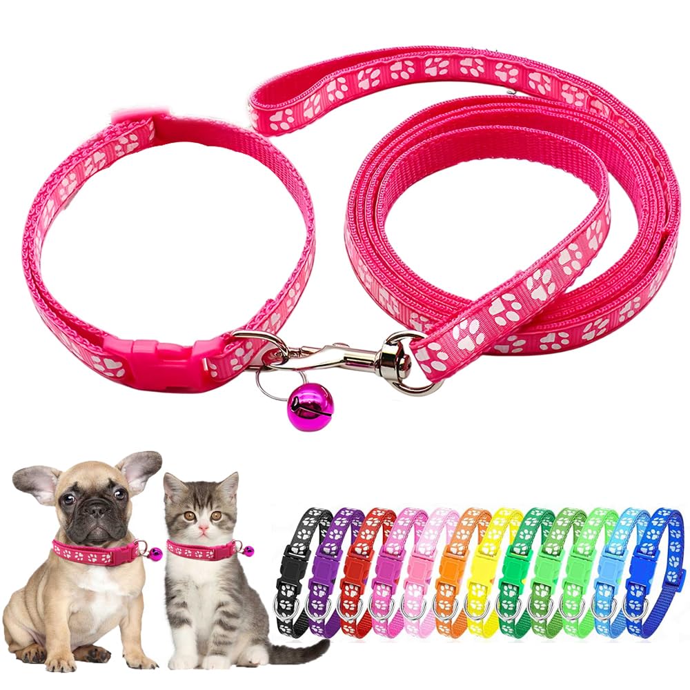 Hot Pink Puppy Collar And Lead Sets, XS Dog Collar And Lead Set Pawprint Adjustable Kitten Collar With Bell For Tiny Little XXS Extra Small Breed Pets Dogs Cats Girls Female — image 1