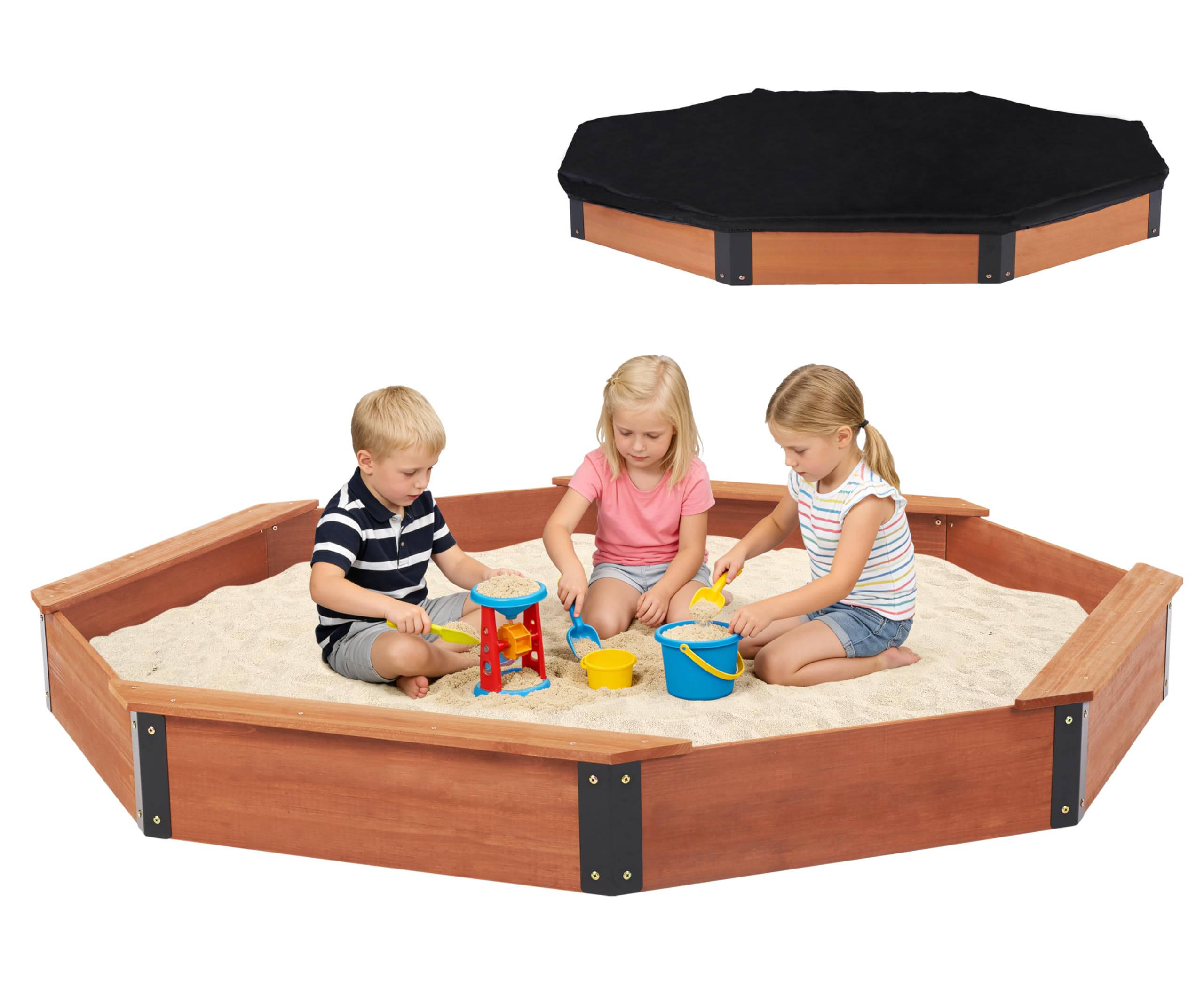 85''x78''x9'' Wooden Octagon Sandbox with Cover, Large Sandpit for Kids Outdoor Patio Backyard Play, Easy & Quick Assemble