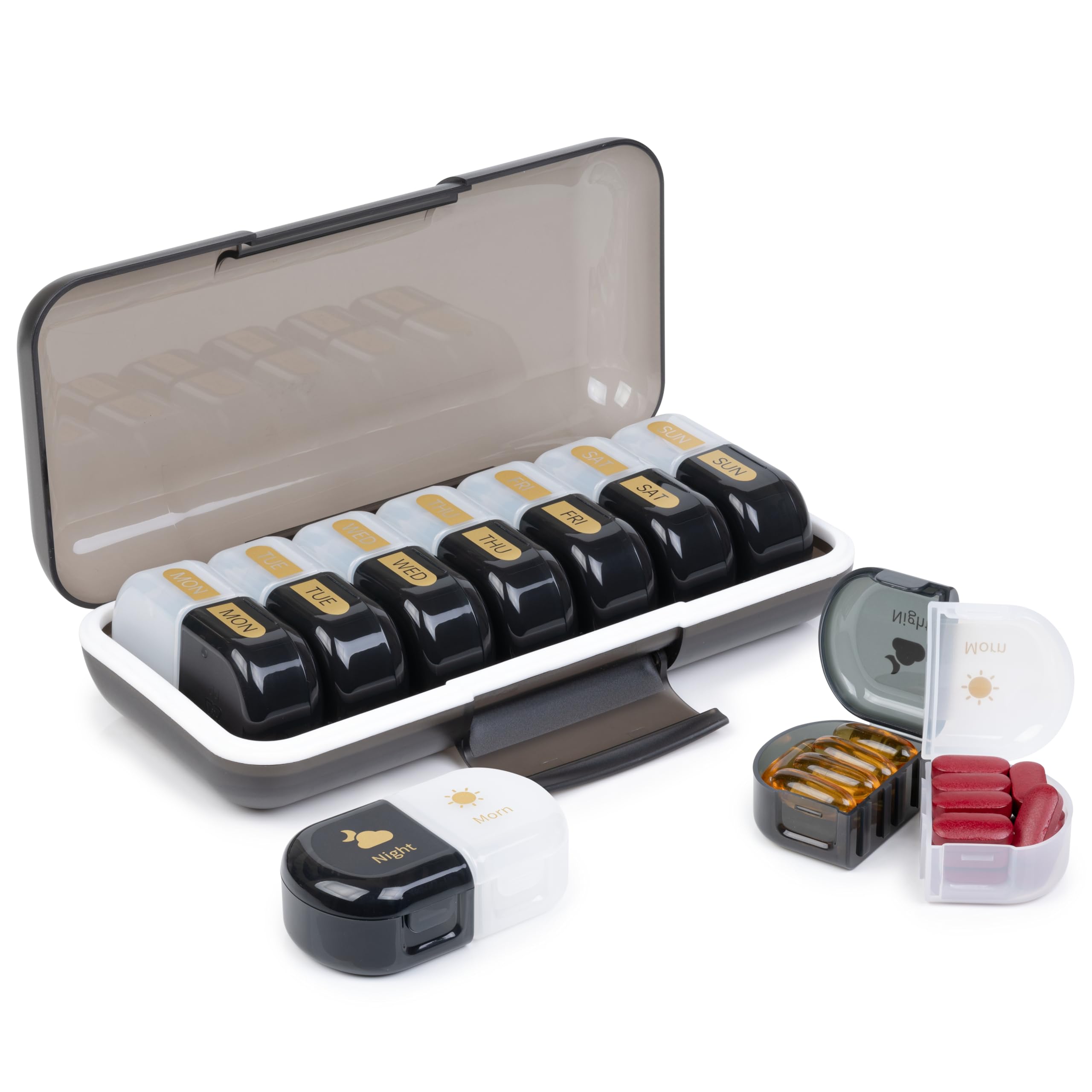 POPCUBE Premium Medicine Organizer Box 2 times a day with Detachable Compartments-Pill Organizer Box for Travel, storing medicines, pills, supplements (Black & White)
