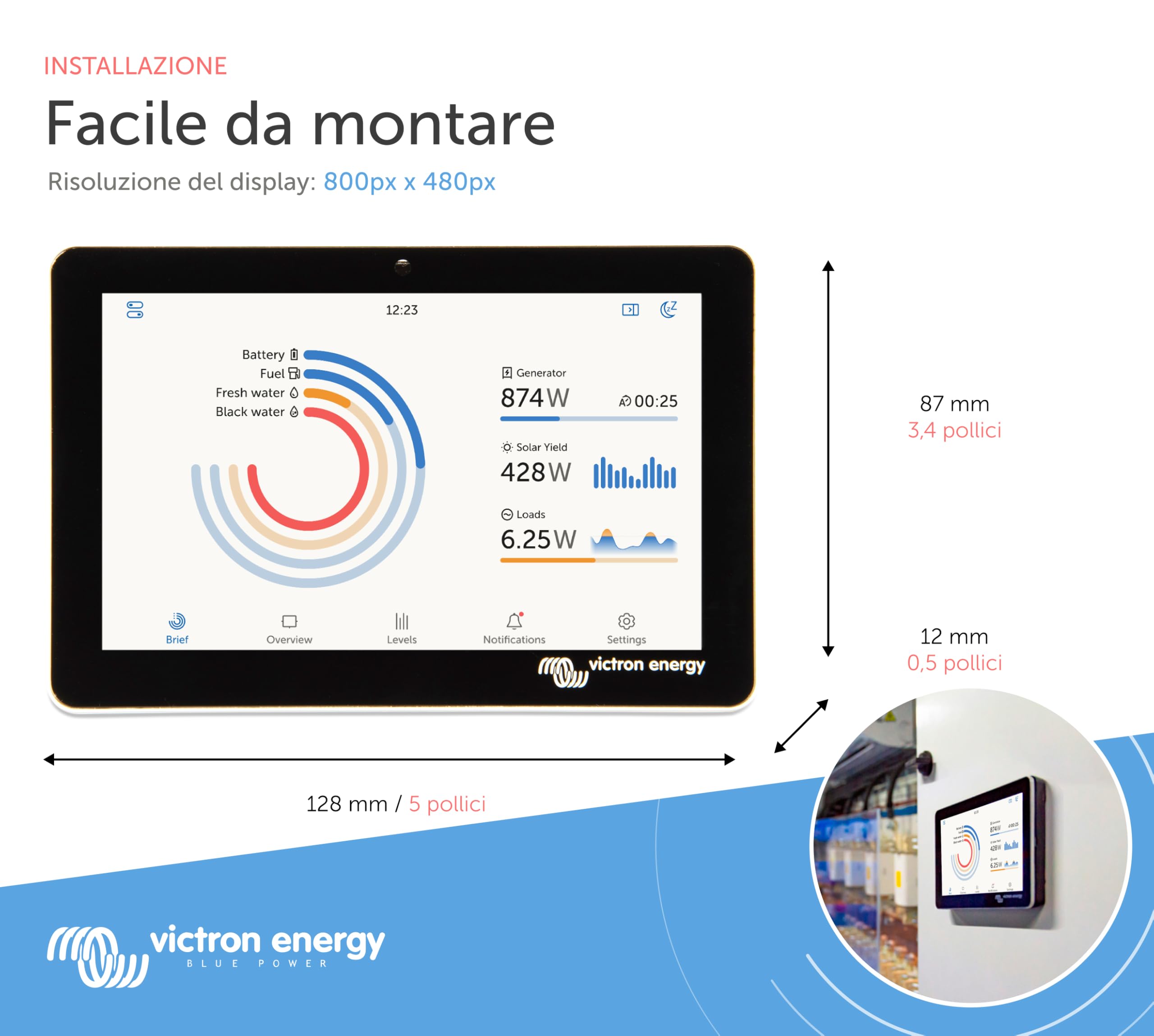 Victron Energy GX Touch 50, Schermo di Visualizzazione da Remoto (Impermeabile)