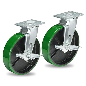 HANDSAMMU 8 Inch Caster Wheels, Heavy Duty Caster with Strong Load-Bearing, Polyurethane Wheel on Steel Hub, Supports 1500 lbs Each(2 Pack Brake)