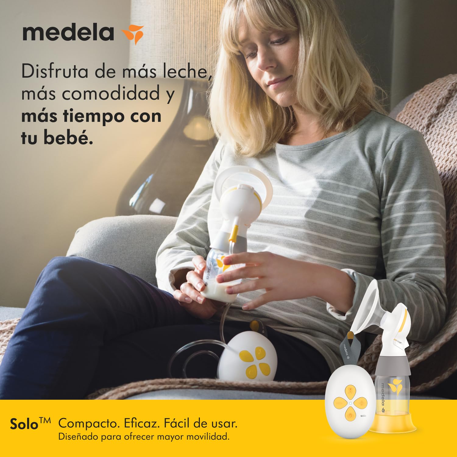 Medela extractor de leche eléctrico individual Solo, extracción silenciosa, recarga mediante USB, embudos PersonalFit Flex y tecnología 2-Phase Expression, Solo