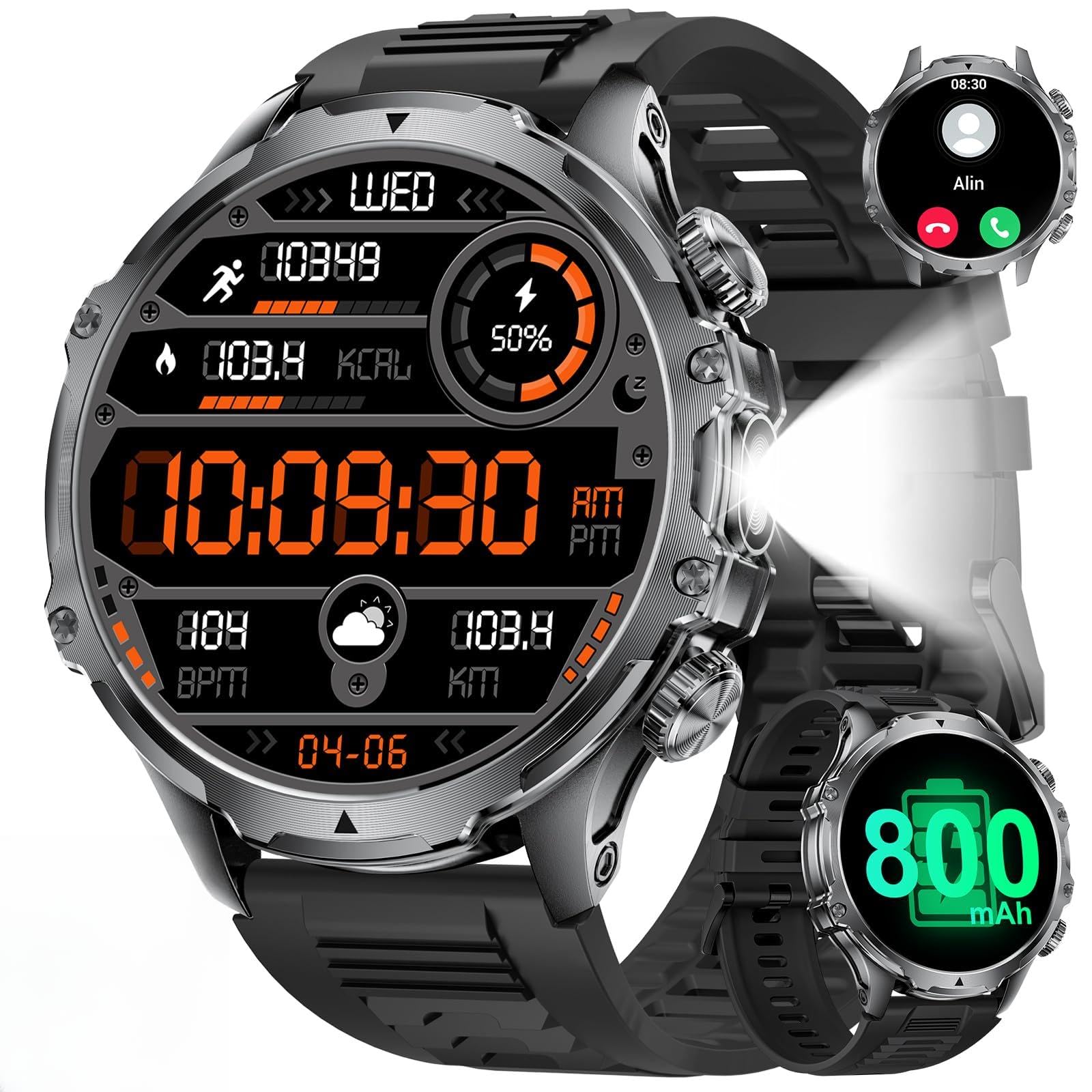 LIGE Smartwatch Uomo con Torcia LED/800 mAh, 1.85'' Orologio Smart Watch con Chiamata Bluetooth, IP68 Impermeabile 110+ modalità Sportive Cardiofrequenzimetro SpO2 e Sonno per Android iOS
