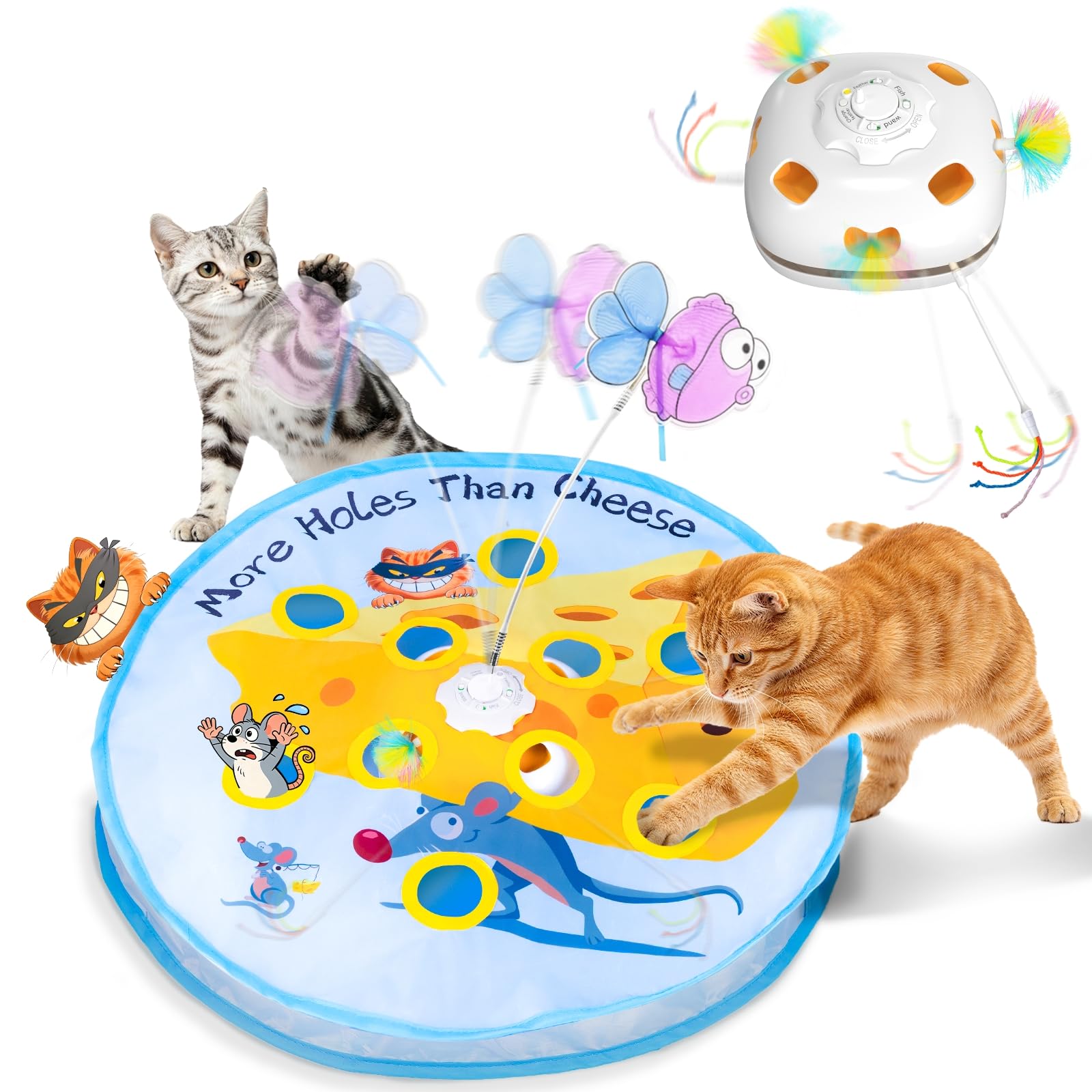 GoldenSun Jouet pour chat interactif 5 en 1 pour chats d'appartement, jeu de tapotement automatique, poisson volant, canne à pêche pour chat et plume mobile