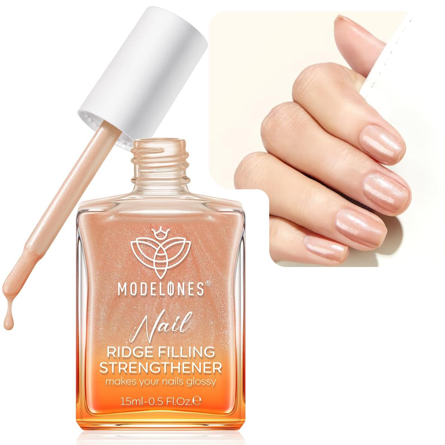 Nail Care 8 in one Ridge Filling Strengthener Treatment, Nail Polish Strengthener for Damaged and Weak Nails, Nail Hardener Extra Strong and Growth Smoothing Glitter Nude Nail Varnish 15ml