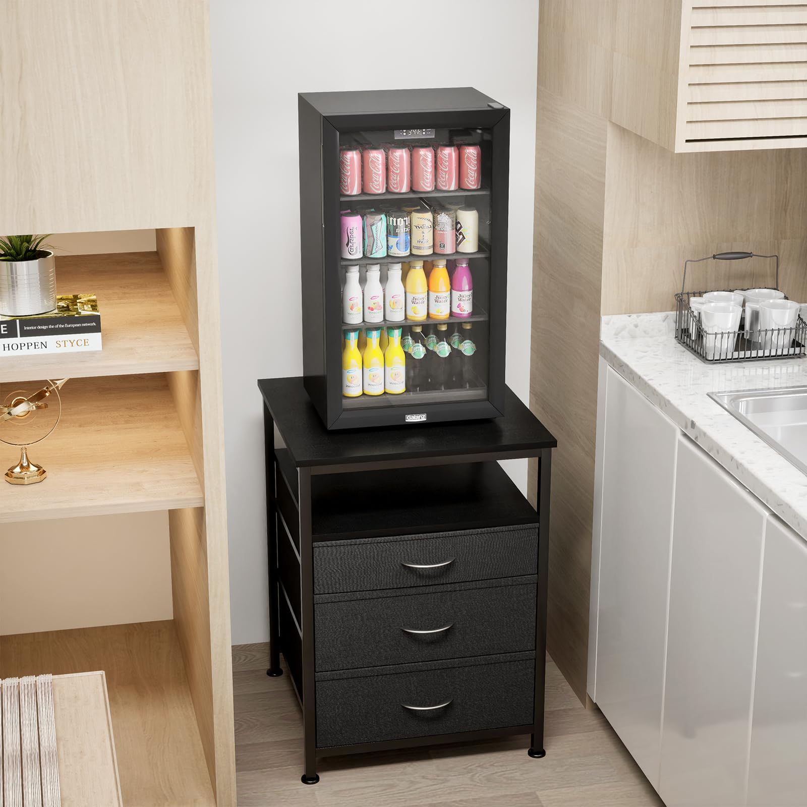 Mini-Kühlschrankständer mit Stauraum, 55 x 55 x 75 cm, Mini-Kühlschranktisch, strapazierfähig, mit 3 Schubladen, kompakter Kühlschrankschrank für Küche, Schlafzimmer, Büro, Wohnheim