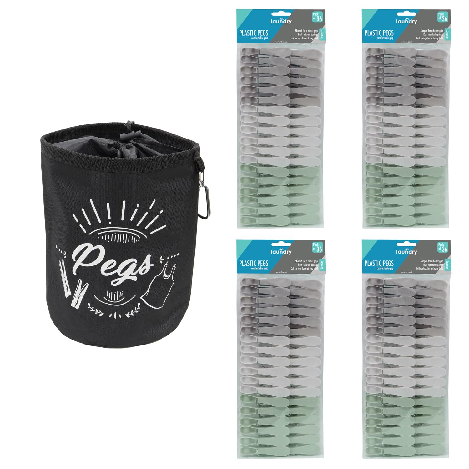 JVL Large Black Peg Bag with 144 Plastic Clothes Pegs – Hanging Laundry Peg Holder – Assorted Colours