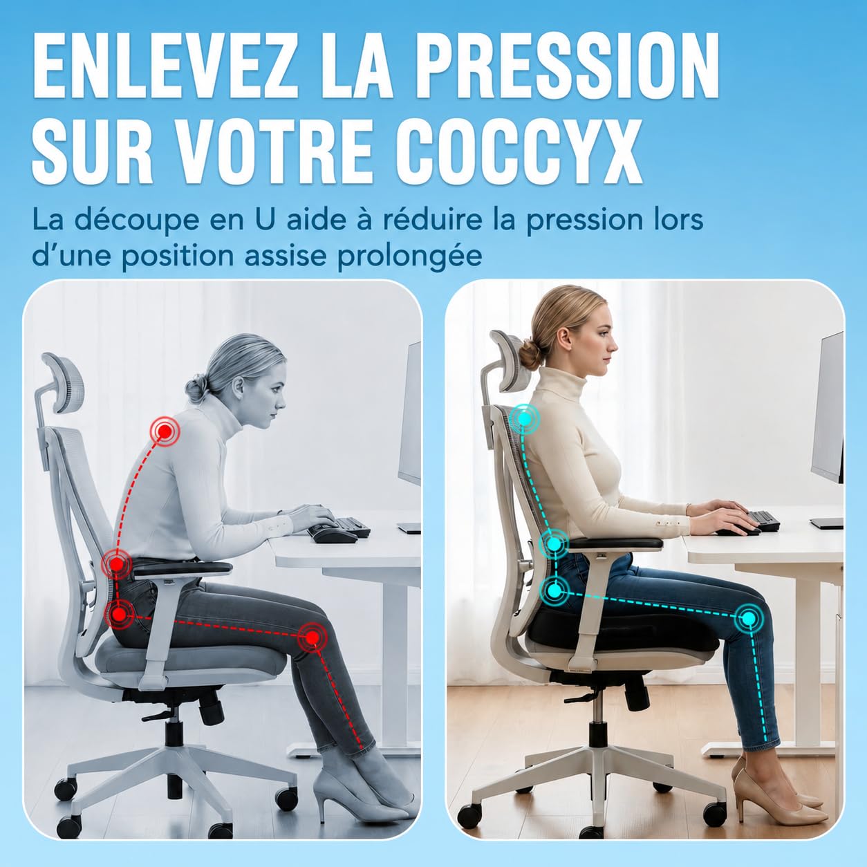 Healthfix Coussin orthopédique pour chaise de bureau, soulagement du coccyx, avec couche en nid d'abeille et housse en velours, coussin d'assise ergonomique pour bureau, voiture, maison, 45 x 36 x 7