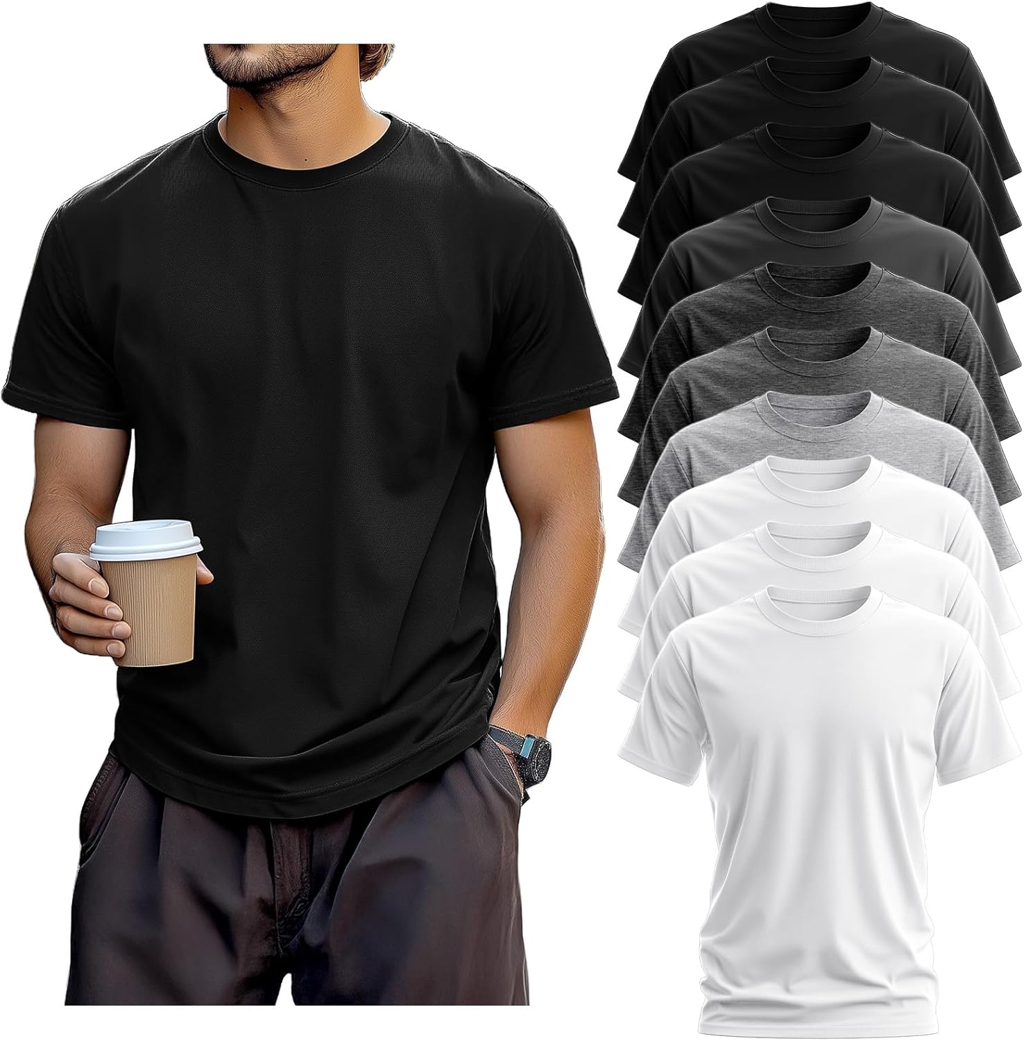 10 Pack Men's Big and Tall Shirt Short Sleeve Cotton Tee Loose Fit Top