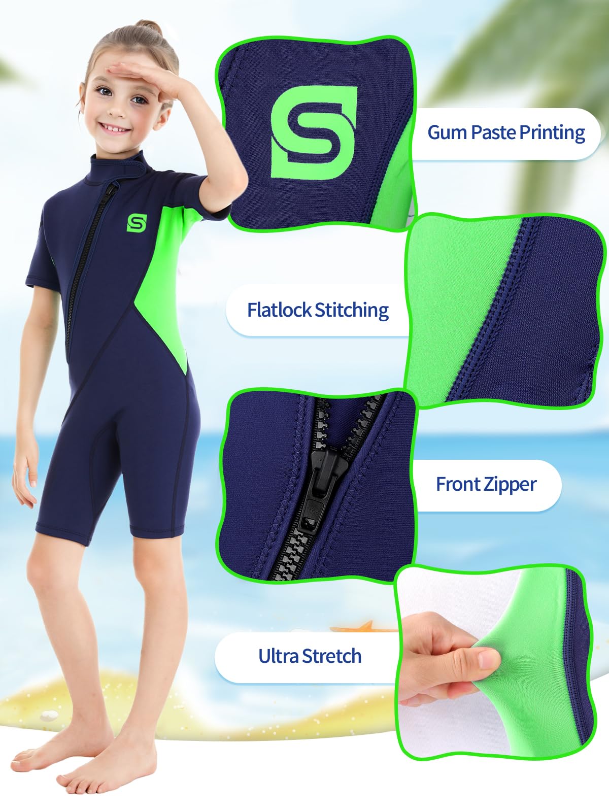 Summshall Wetsuit voor kinderen, meisjes, 2,5 mm, thermo-neopreen, uv-bescherming, voor surfen, duiken, snorkelen, zwemmen, watersport