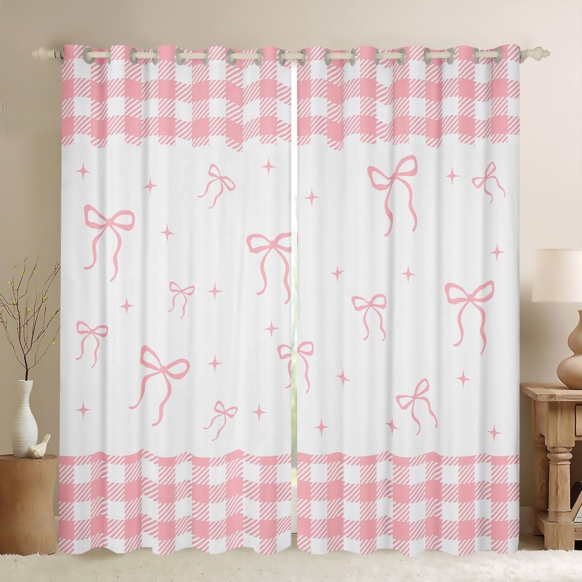 Homemissing White Pink Bowknot Curtains(2 Panels,W46*L72) For Kids Girls Teens Bedroom Plaid Bow Ribbon 30%-50% Darkening Blackout Window Curtains Cute Bow Window Treatments