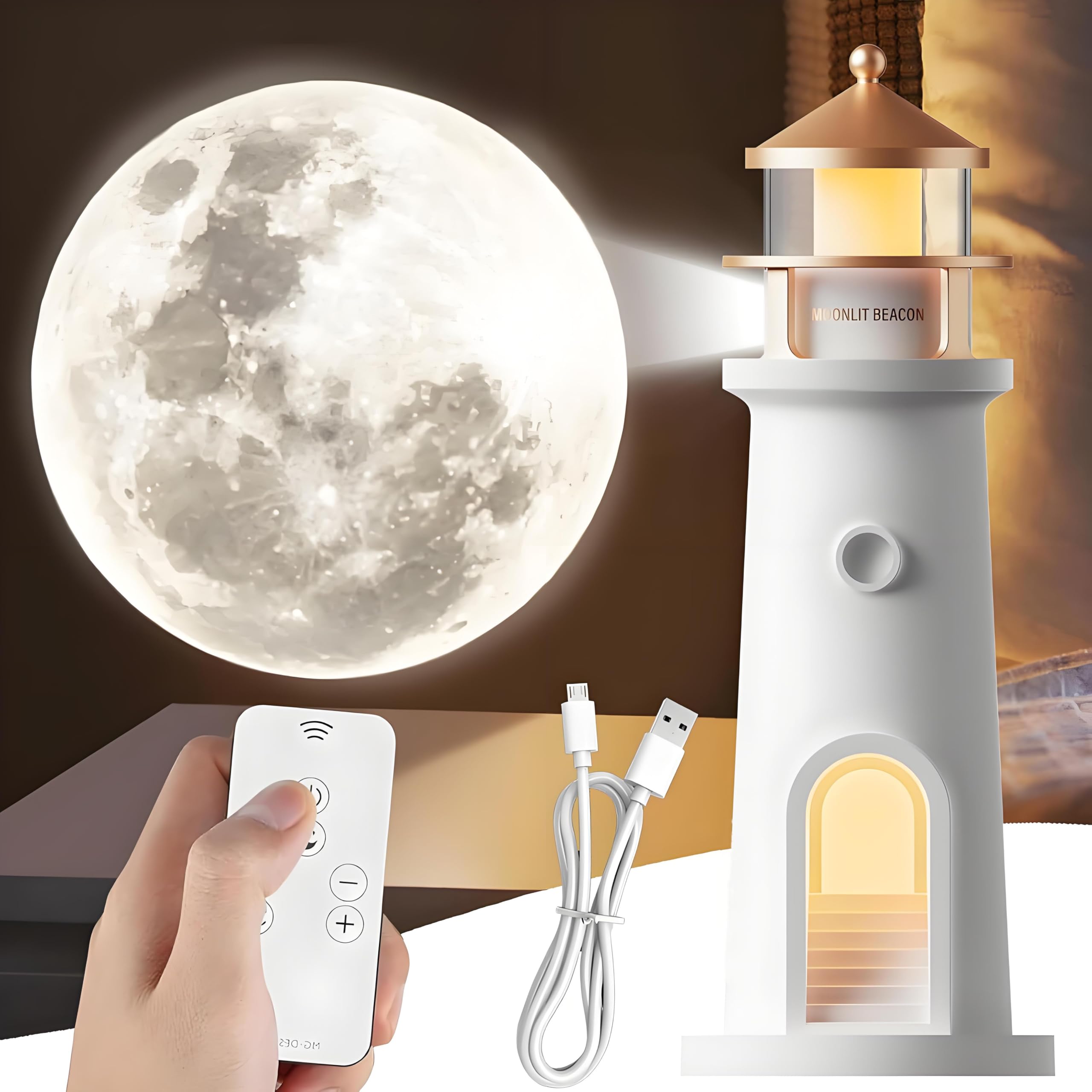 YOUYIKE Luce di Proiezione Lunare, Lampada da tavolo a forma di faro, proiettore di luce notturna, faro con proiezione lunare, Luce Notturna a LED, per Camera da Letto