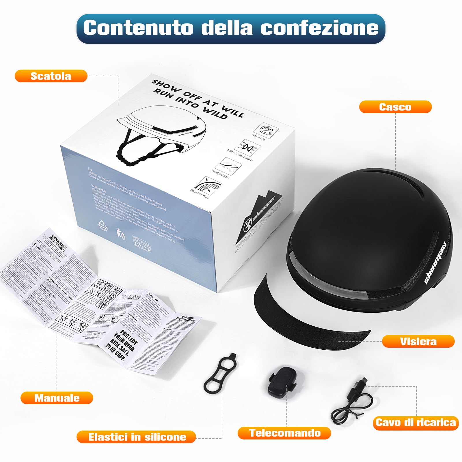 Shinmax Casco Bici Uomo e Donna con LED Indicatori di Direzione, USB Ricaricabile, Visiera Rimovibile, Casco Bicicletta per Ciclismo Urbano, Trekking, Commuting e Monopattino Elettrico