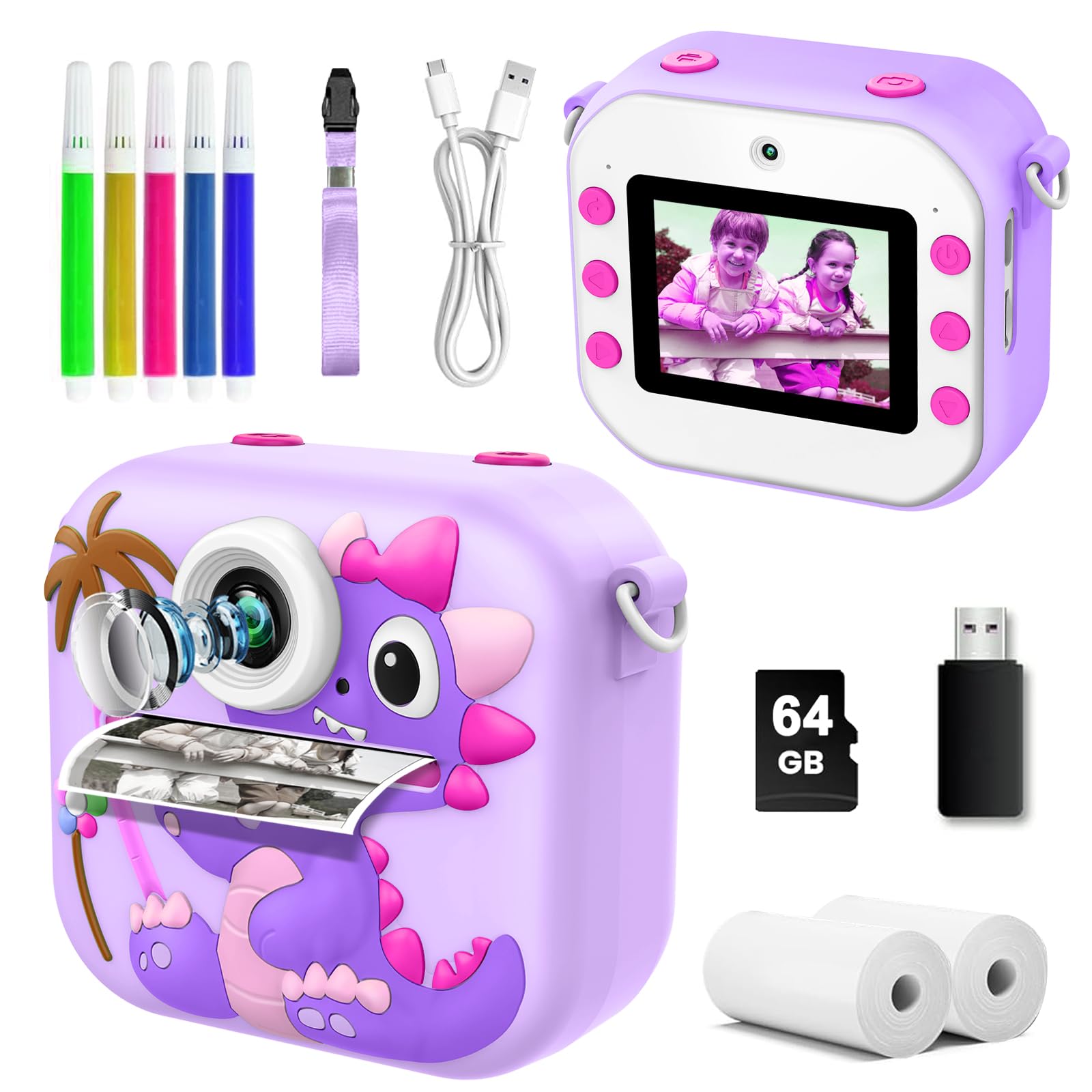 Kids Camera Instant Print, 64GB 1080P Dual-Lens Selfie Instant Cameras Video, 48MP Birthday Gifts Instant Print Camera for Kids with Print Paper,Gift for Girls and Boys,Light Pink