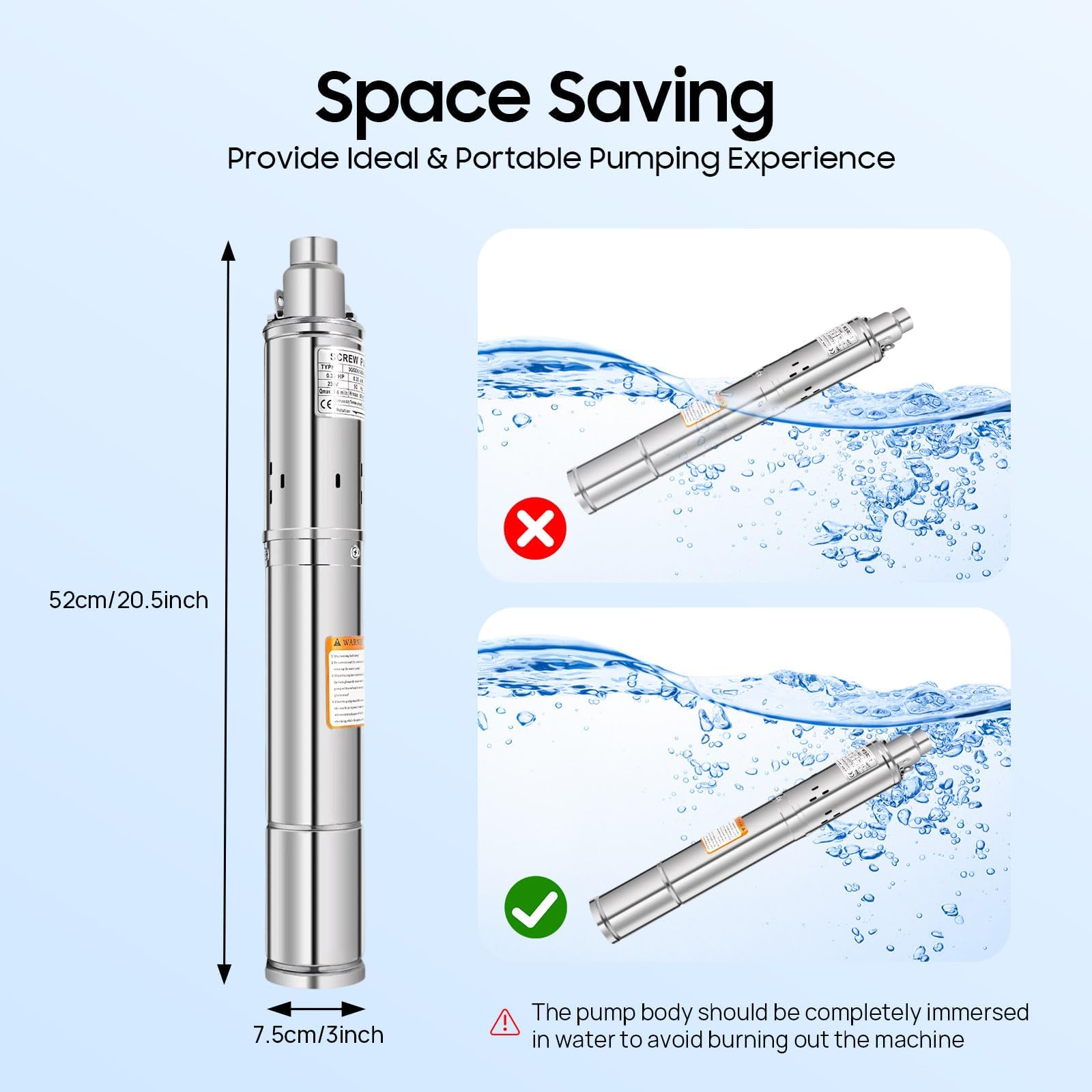 Bomba para pozos profundos de 3 pulgadas, 250 W, altura de extracción de 80 m, 1600 l/h, acero inoxidable 304, bomba sumergible con cable de 20 m, IP68, para riego de agua doméstica