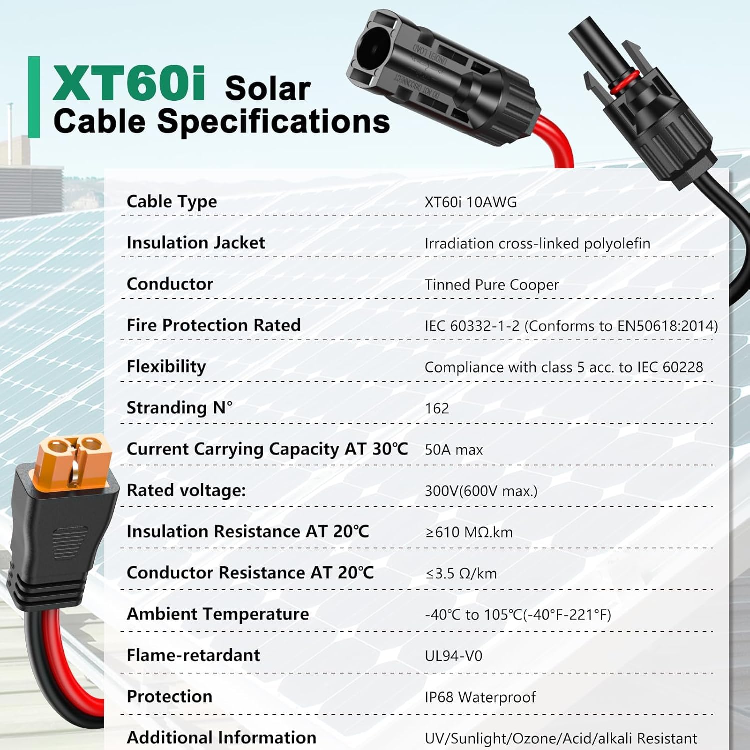 Oududianzi - Cable solar XT60i de 10 AWG de 50 pies, cable XT60i a conector solar, conector de panel solar a cable de extensión XT60i, cable de carga solar XT60i para estación de energía portátil, 50