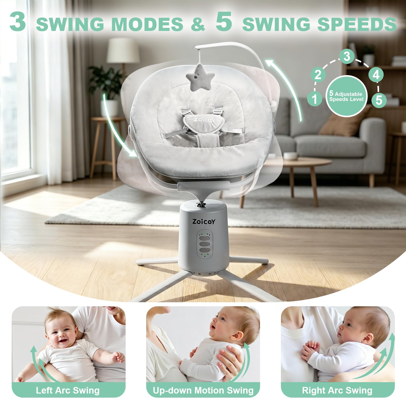 Zoicay Mecedora Bebe Electrica con 3 Modos y 5 Velocidades | Hamaca Bebé Respaldo Ajustable, Función de Temporización y Música Mando a Distancia y Bluetooth para bebe 0-9 Meses (Gris)